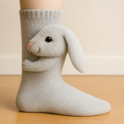 Women's cotton socks with 3D animal motif shown from the top-down perspective