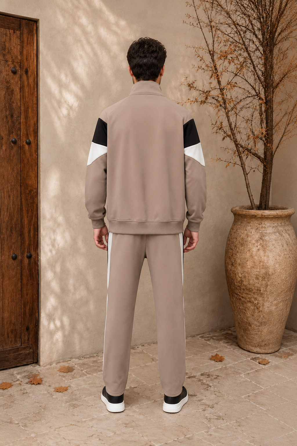 Men's beige color block tracksuit full outfit view