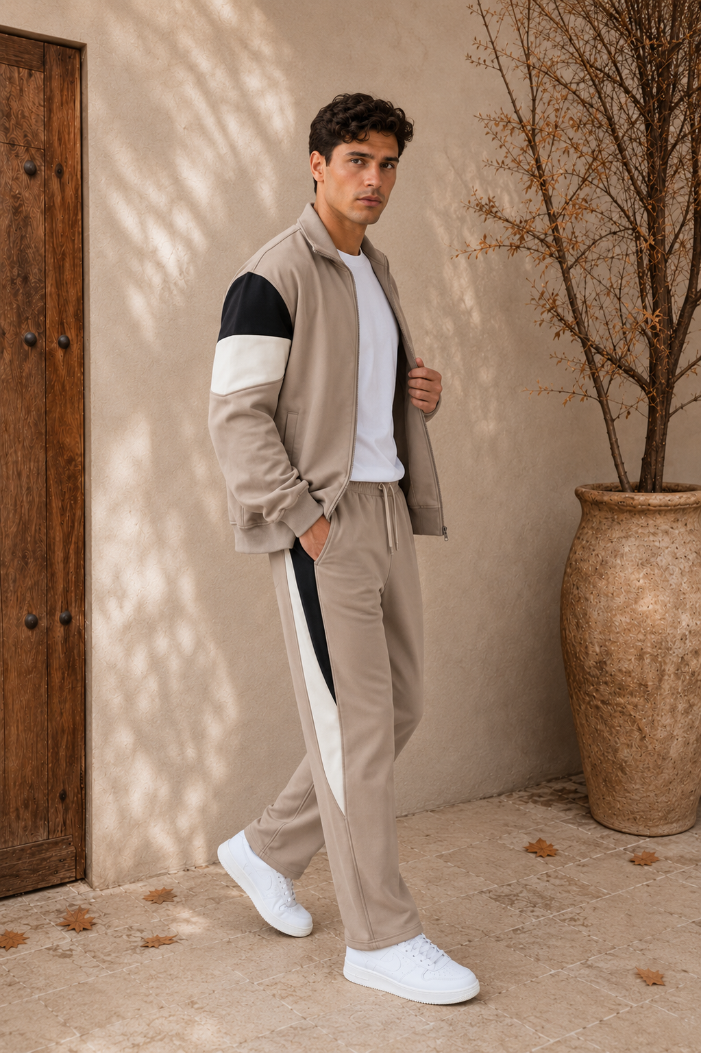 Men's beige color block tracksuit side view