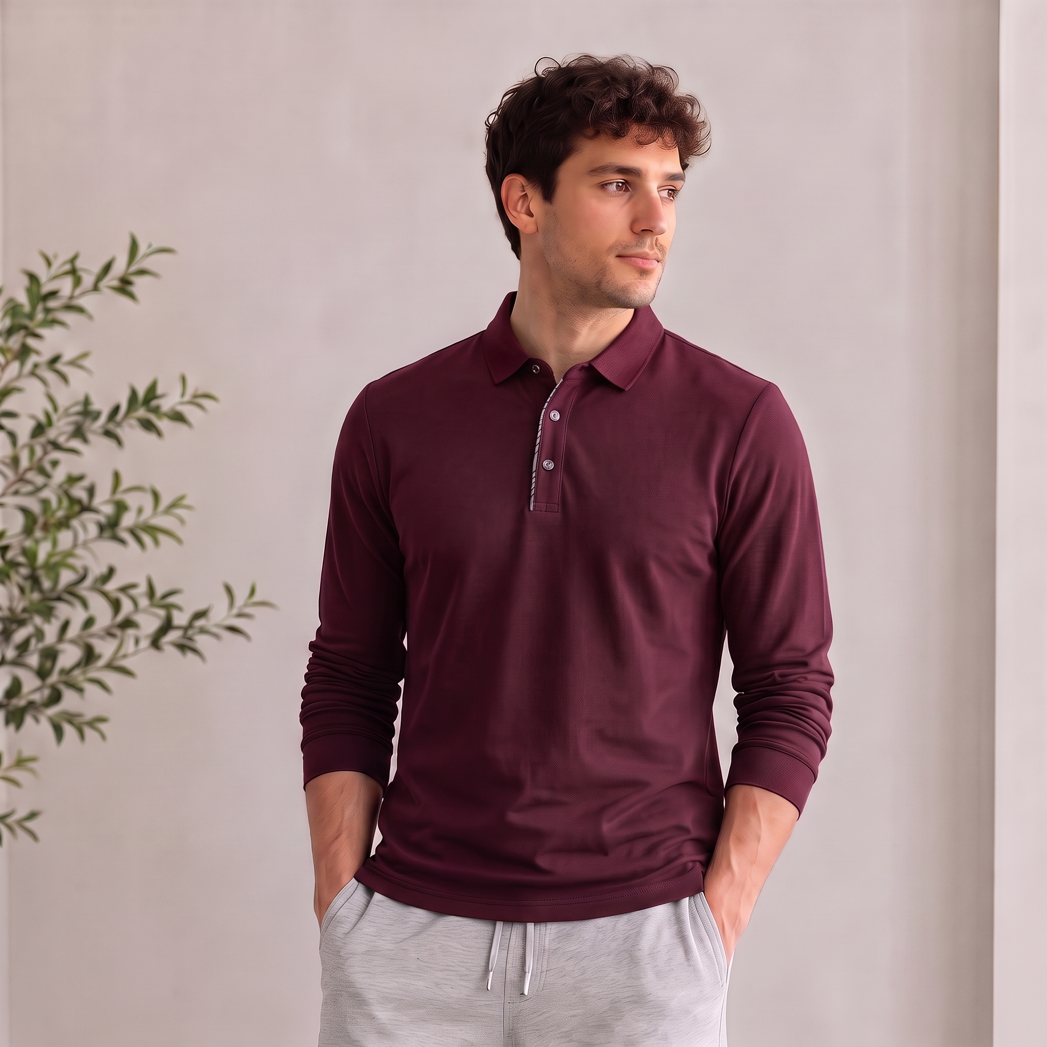 Men's slim-fit polo shirt with long sleeves and a classic structured collar