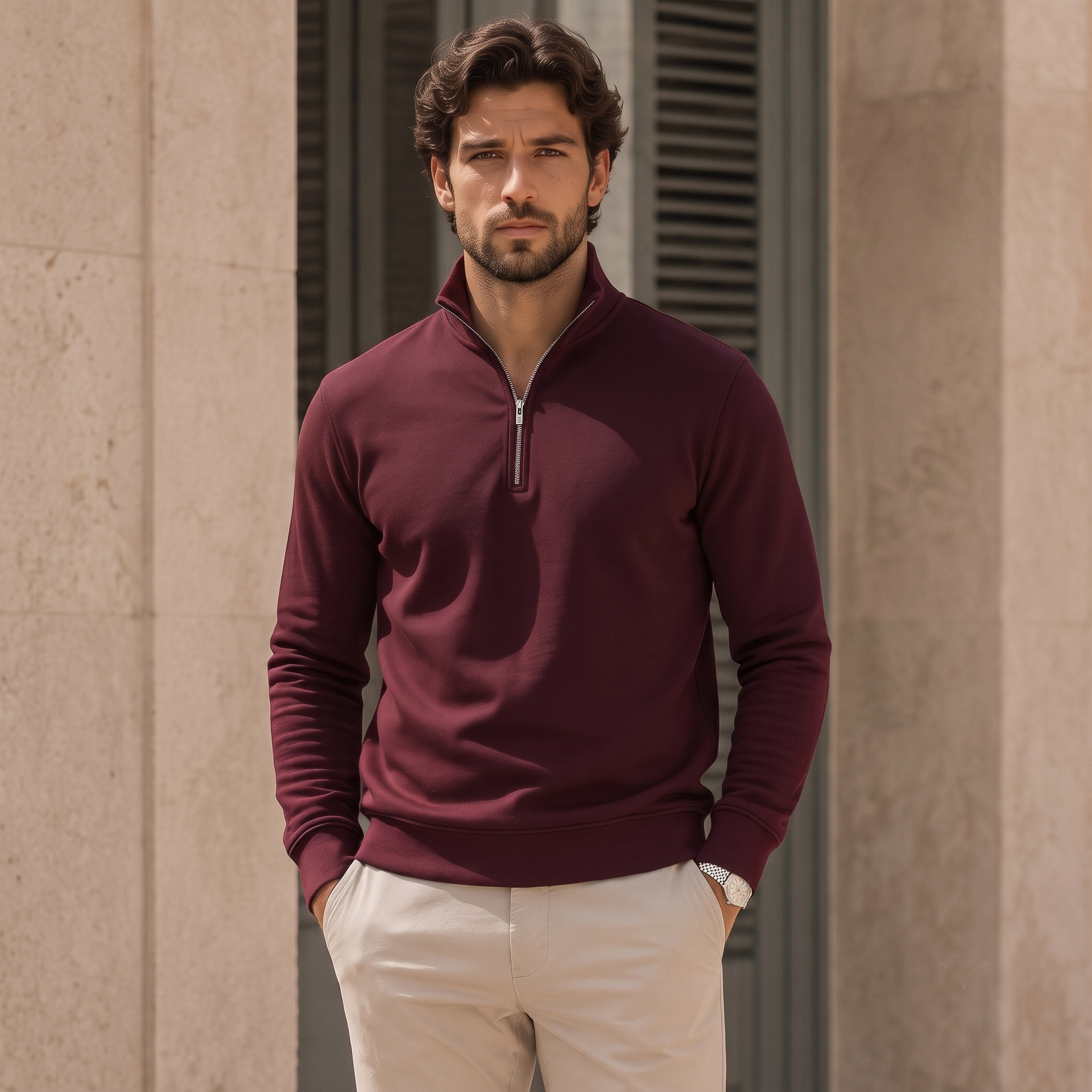 Knitted half-zip sweater for men with long sleeves and even-textured fabric