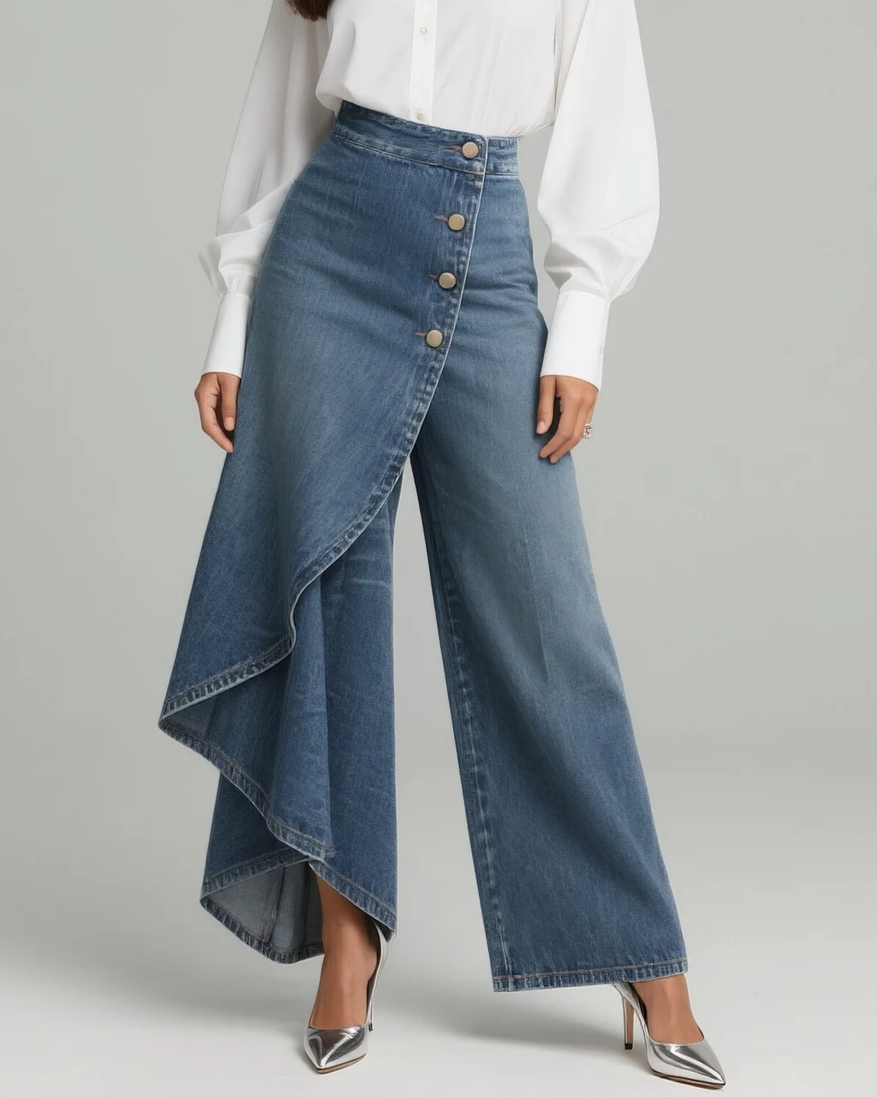 Asymmetrical wrap denim pants for women with high waist and layered front panel