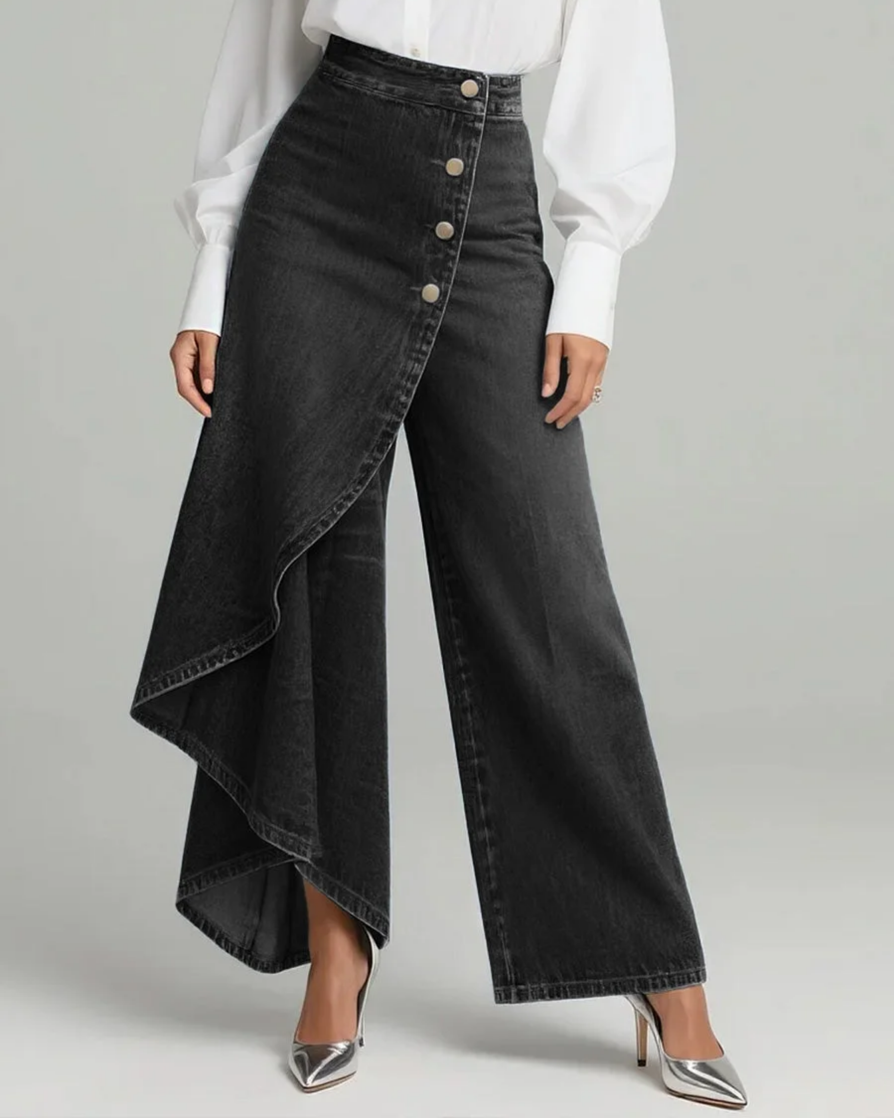 High-waist asymmetrical denim pants for women with clean back and wrap silhouette
