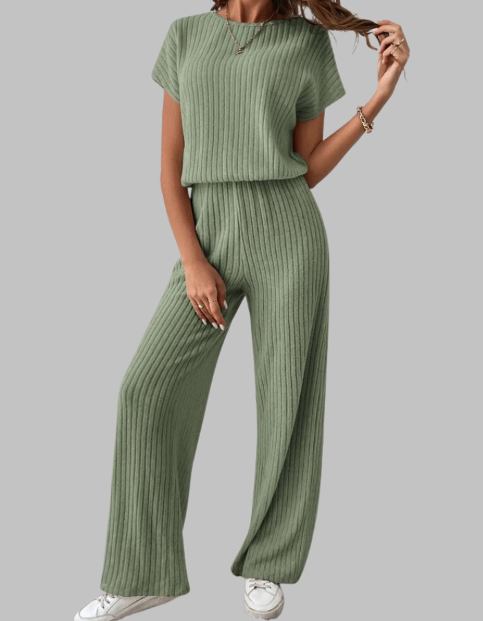 Women's ribbed matching set with short-sleeve top and elastic-waist wide-leg pants