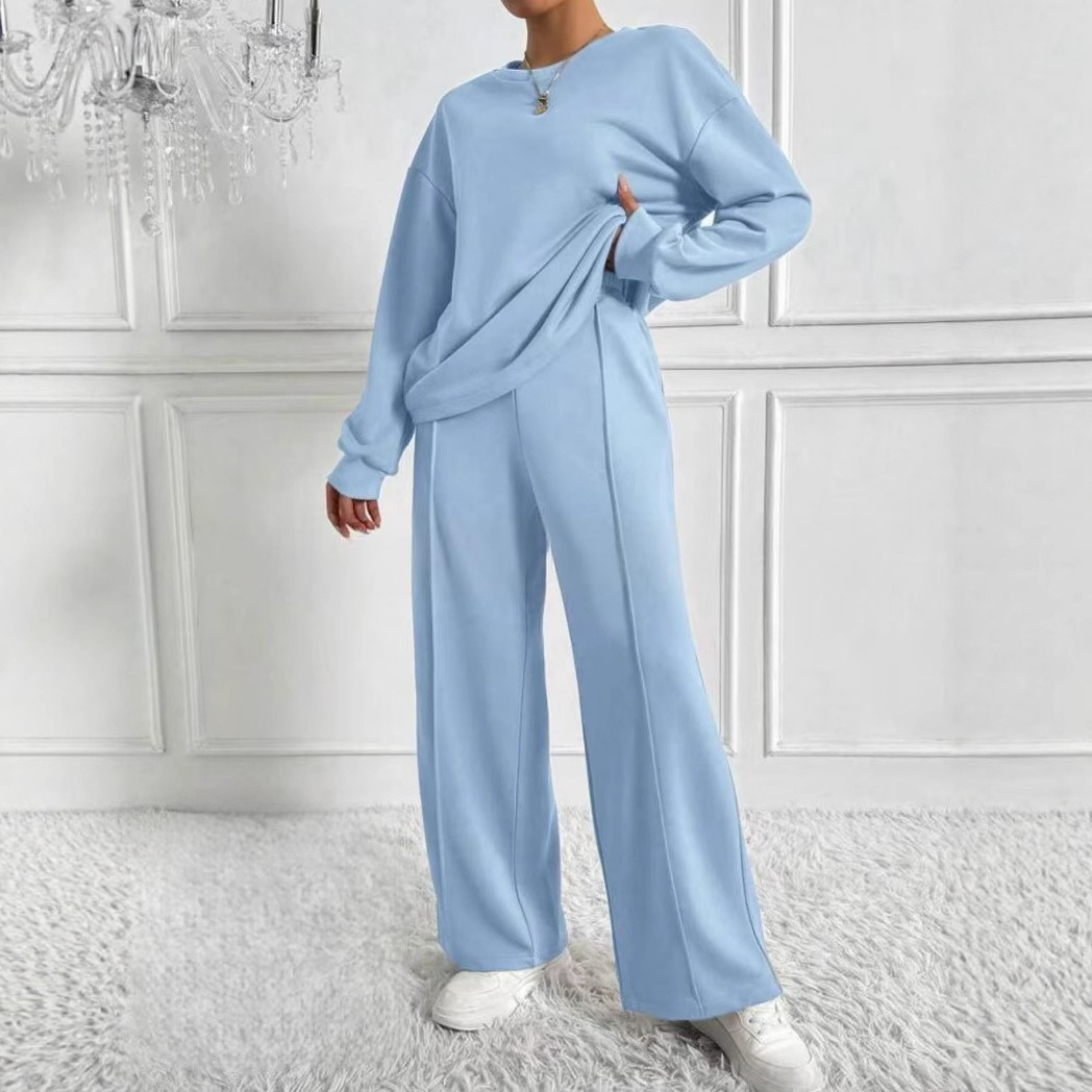 Women's everyday two-piece set with long-sleeve top and wide-leg trousers in polyester
