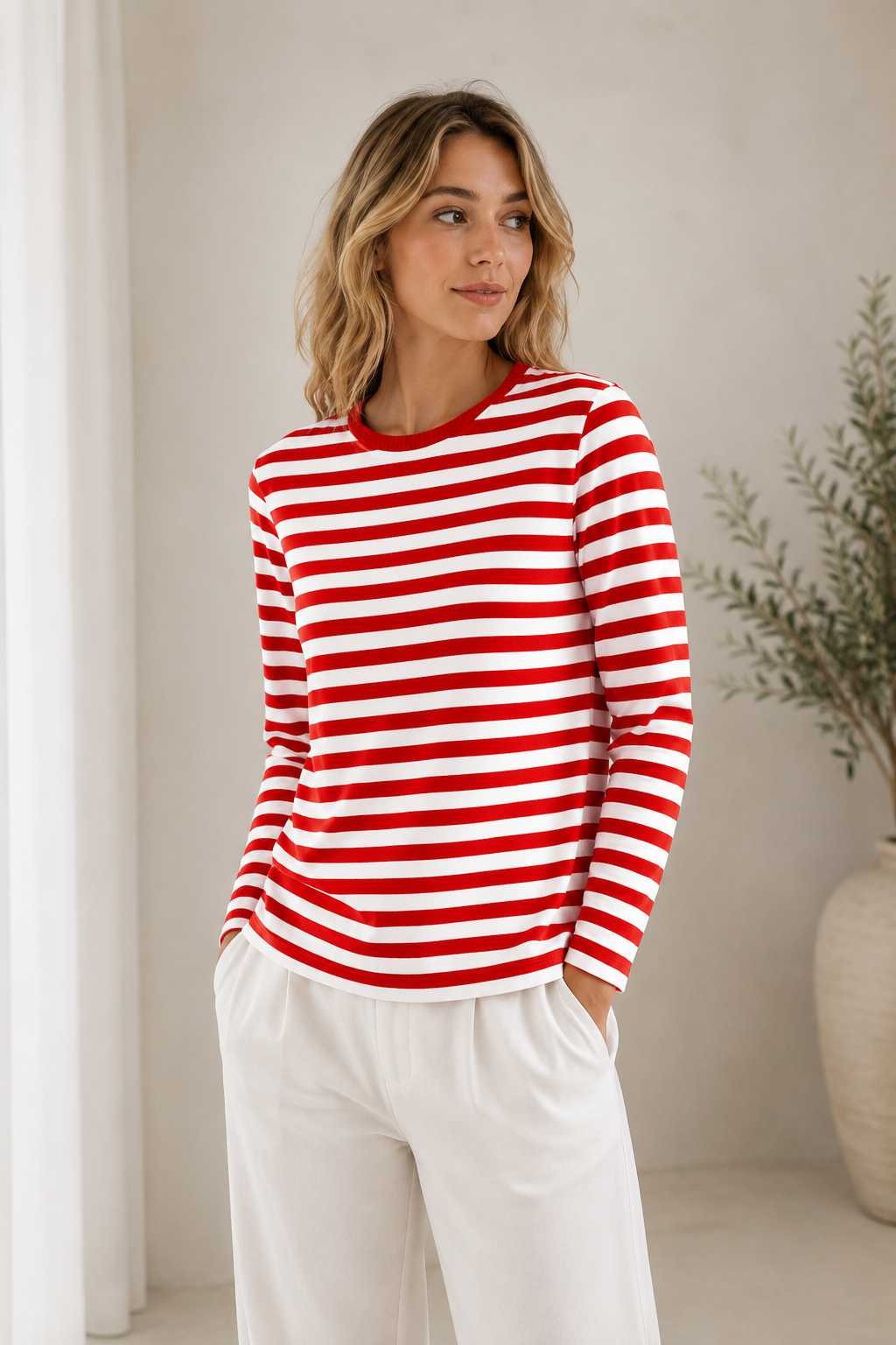 Women's striped long-sleeved knit top with relaxed silhouette