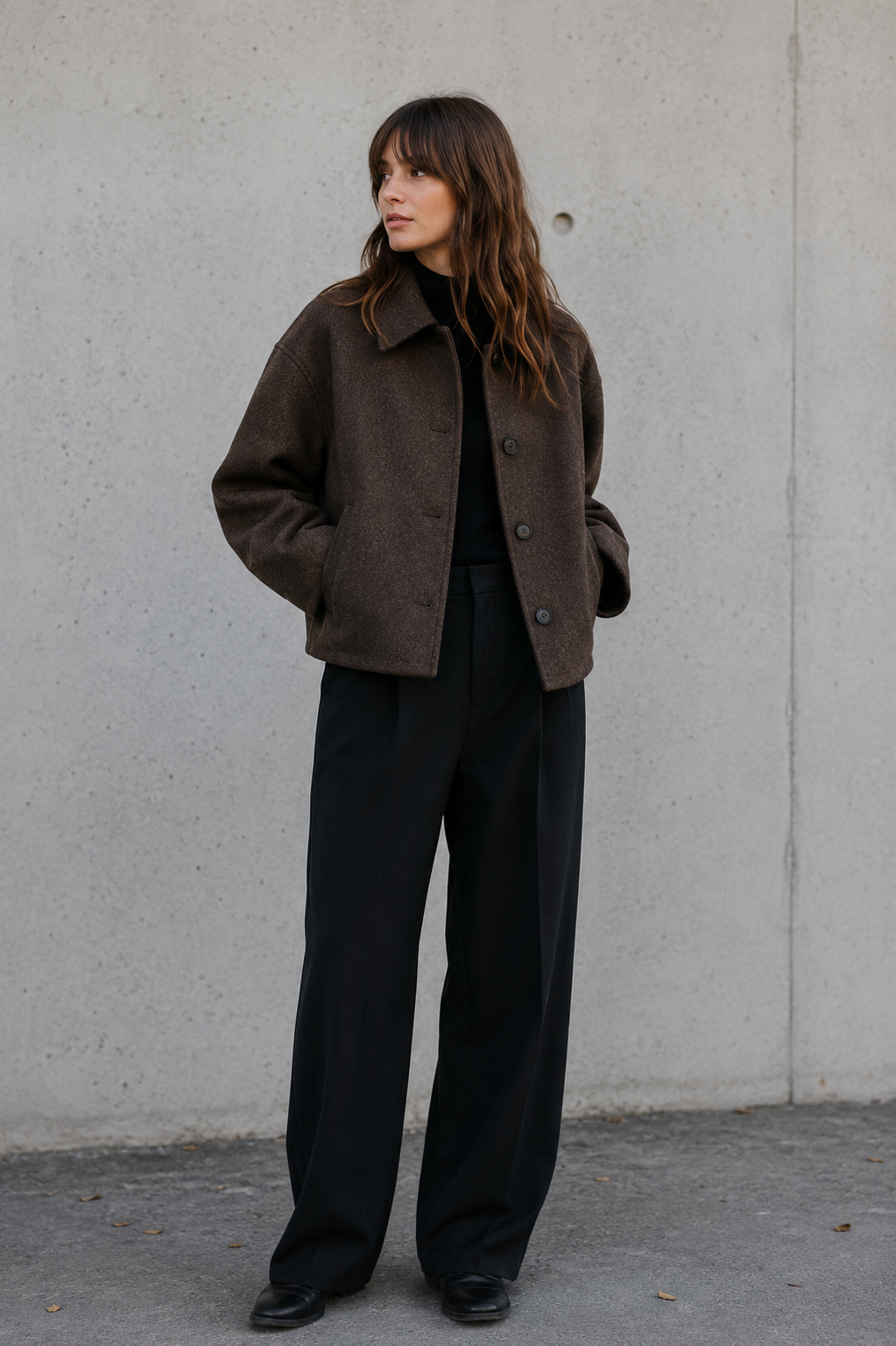 Women's short wool-blend jacket with front button closure and classic collar