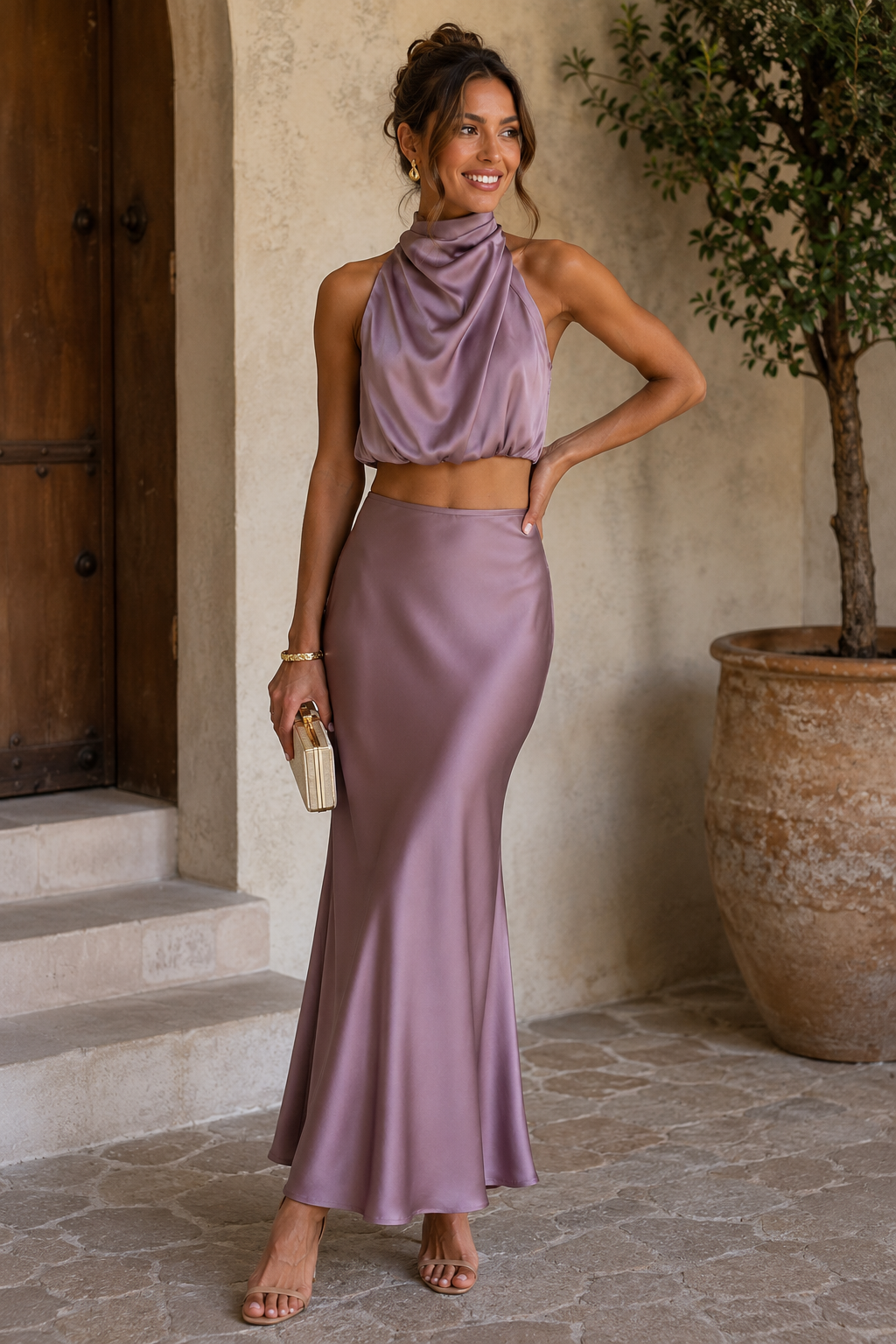 Women's Halterneck Satin Top and Skirt Set