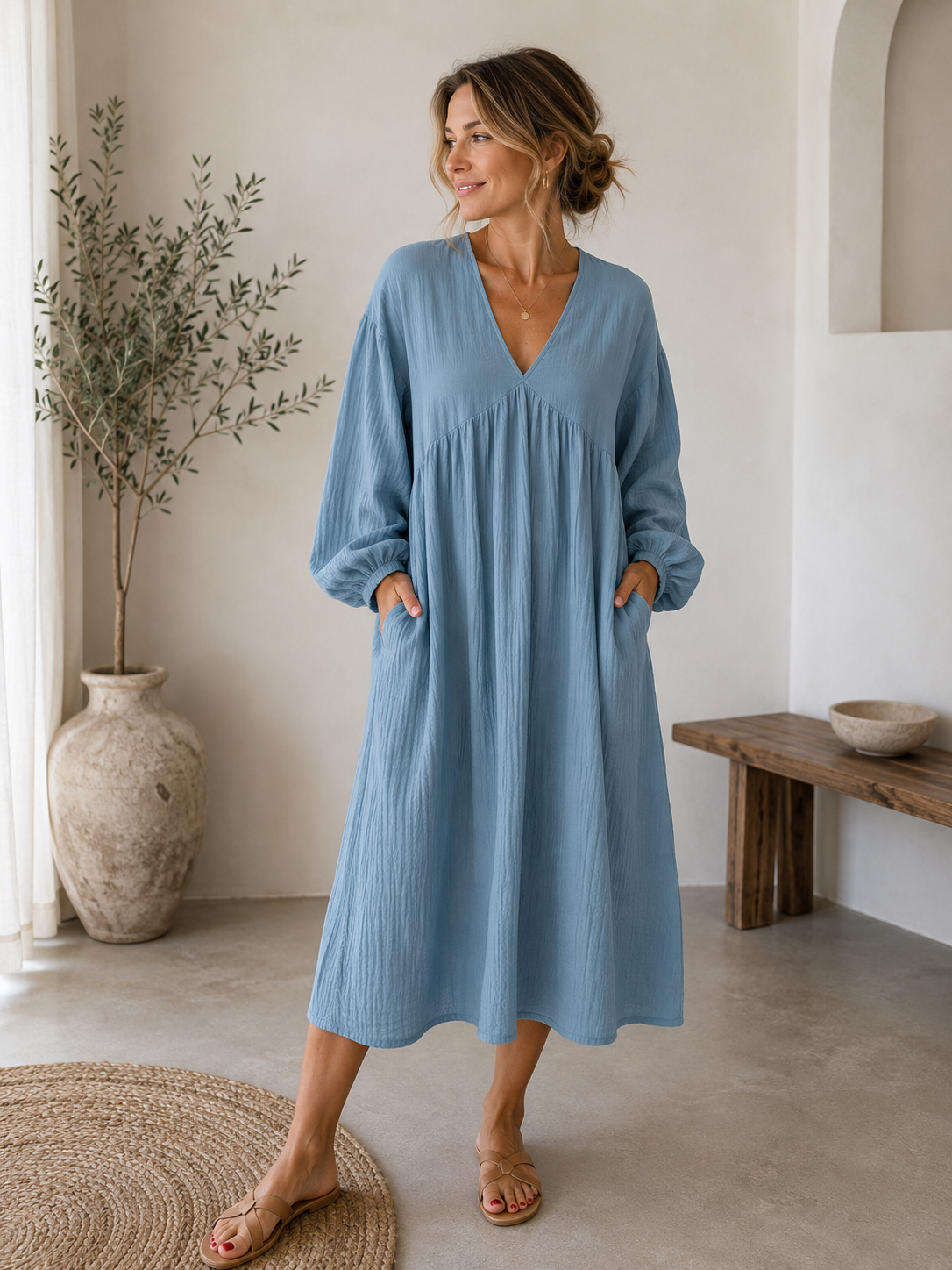 Women's flowing midi dress with V-neckline and long sleeves, relaxed fit in a lightly structured fabric