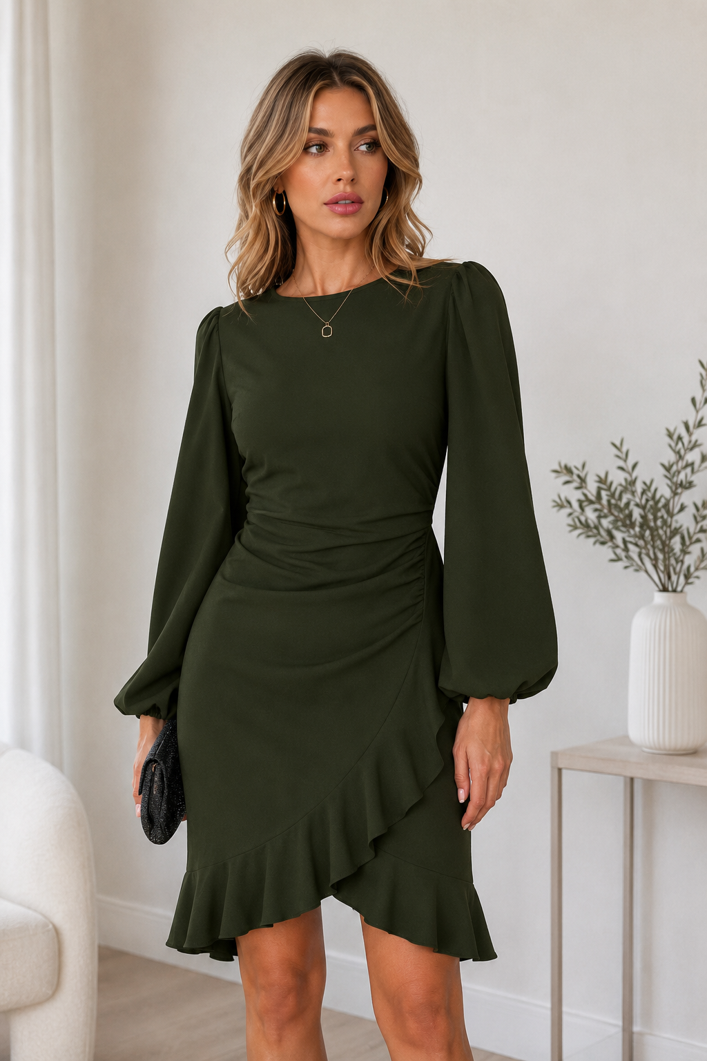 Long-sleeve midi dress for women with fluid drape and asymmetrical hem