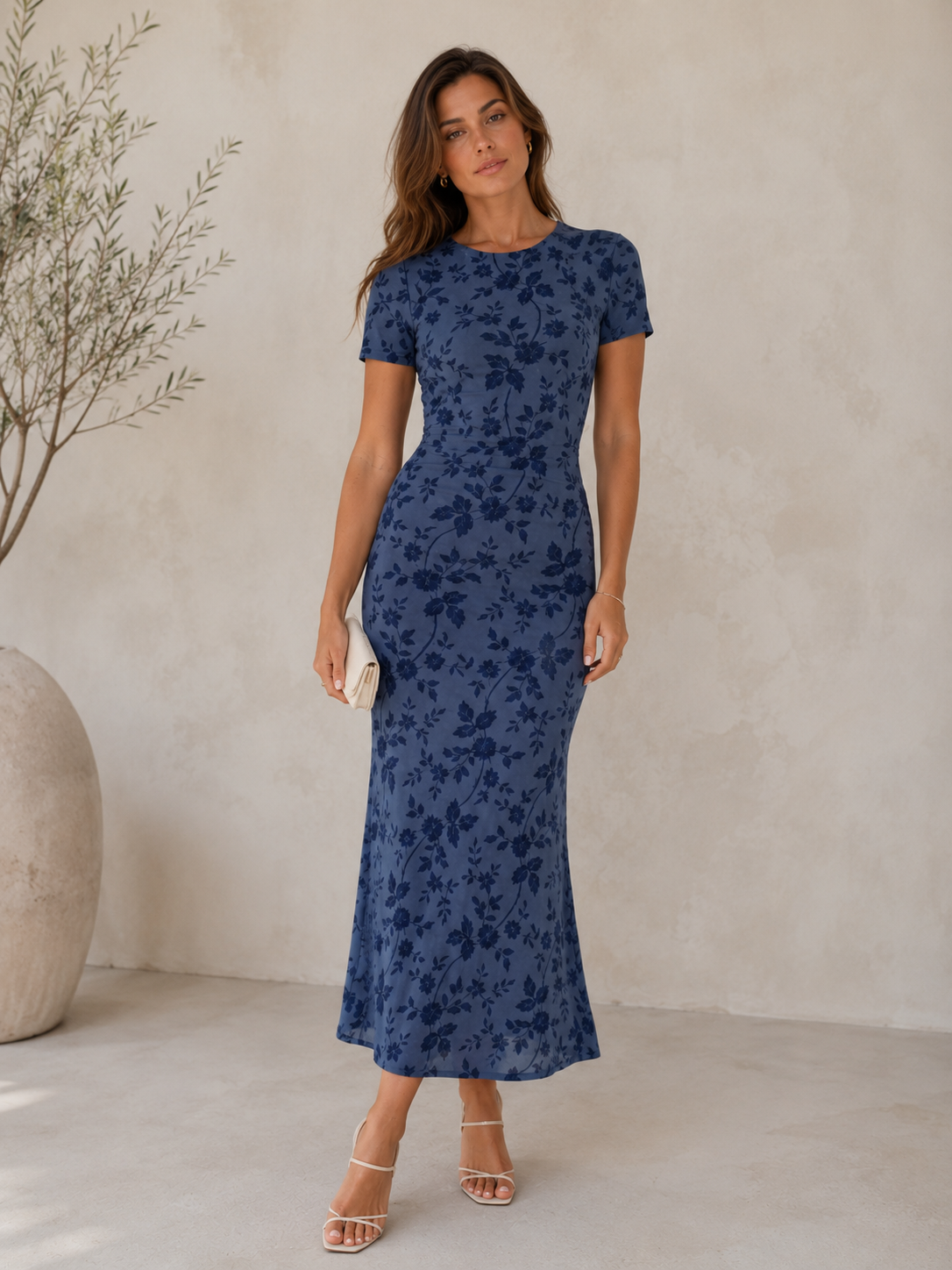 Fitted floral maxi dress with ruched waist