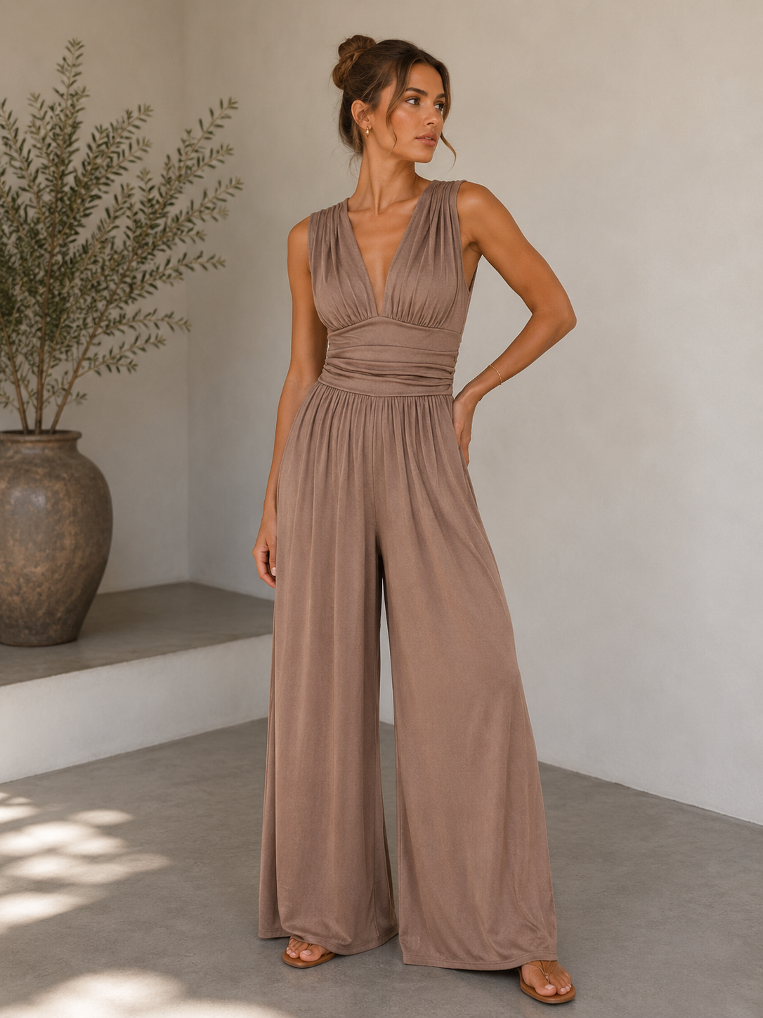 Women's Elegant V-Neck Jumpsuit with Wide Legs