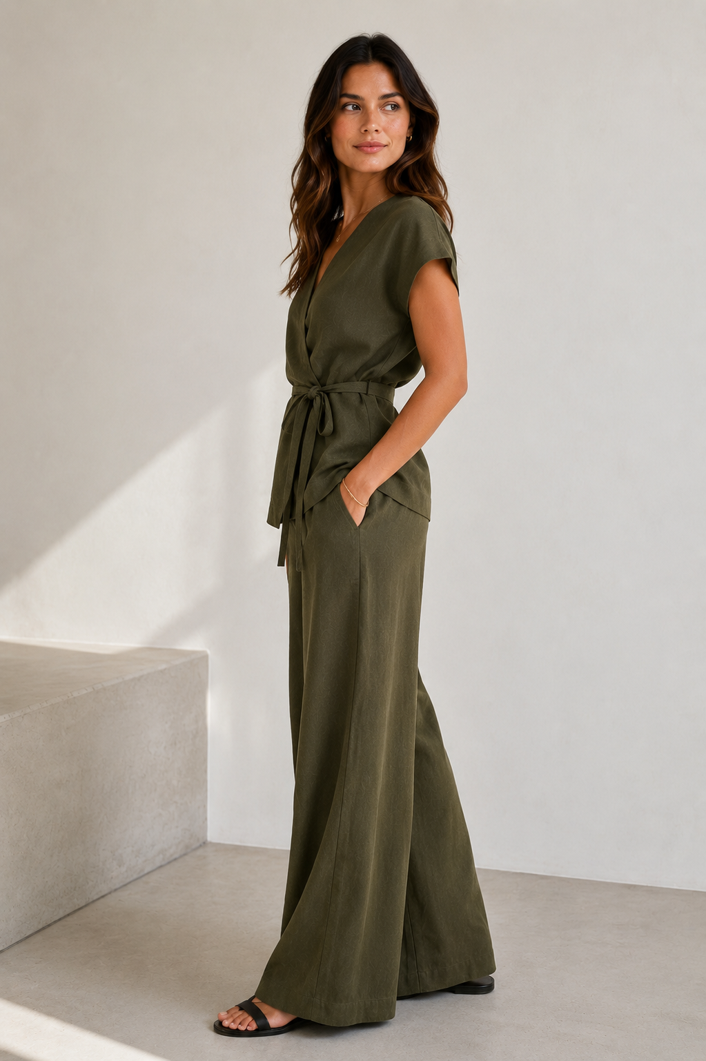 Women's two-piece set featuring a short-sleeve wrap top and full-length wide-leg pants