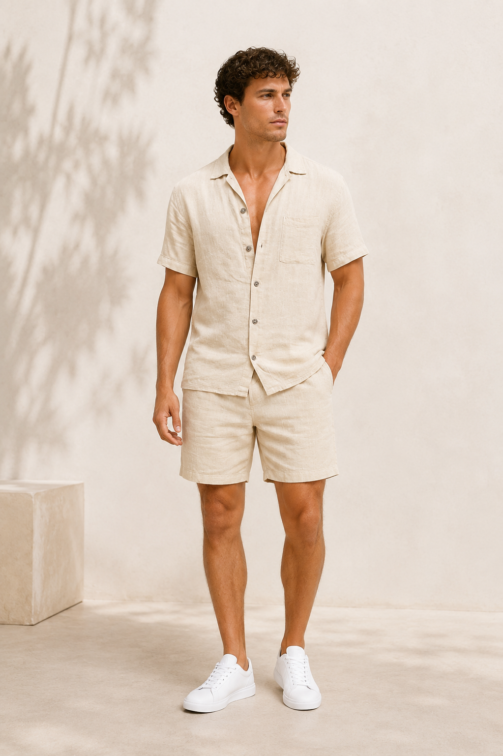 Men's lightweight linen two-piece set featuring a short-sleeved shirt with front buttons and straight-fit knee-length shorts