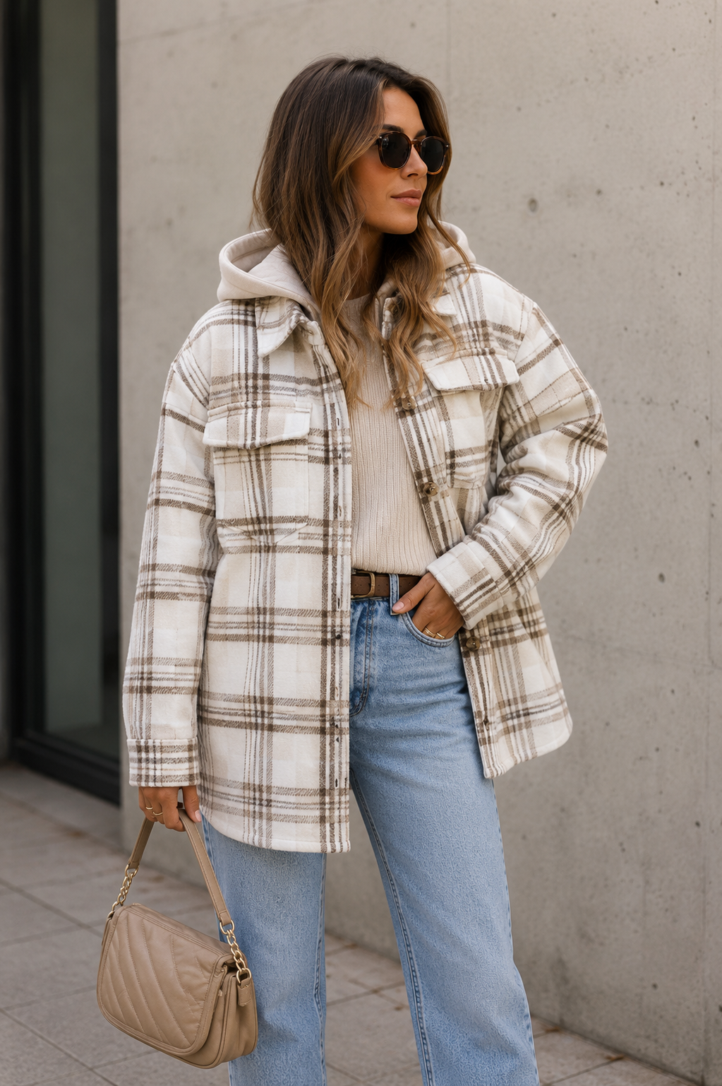 Plaid overshirt jacket layered outfit styling, women's autumn winter casual look