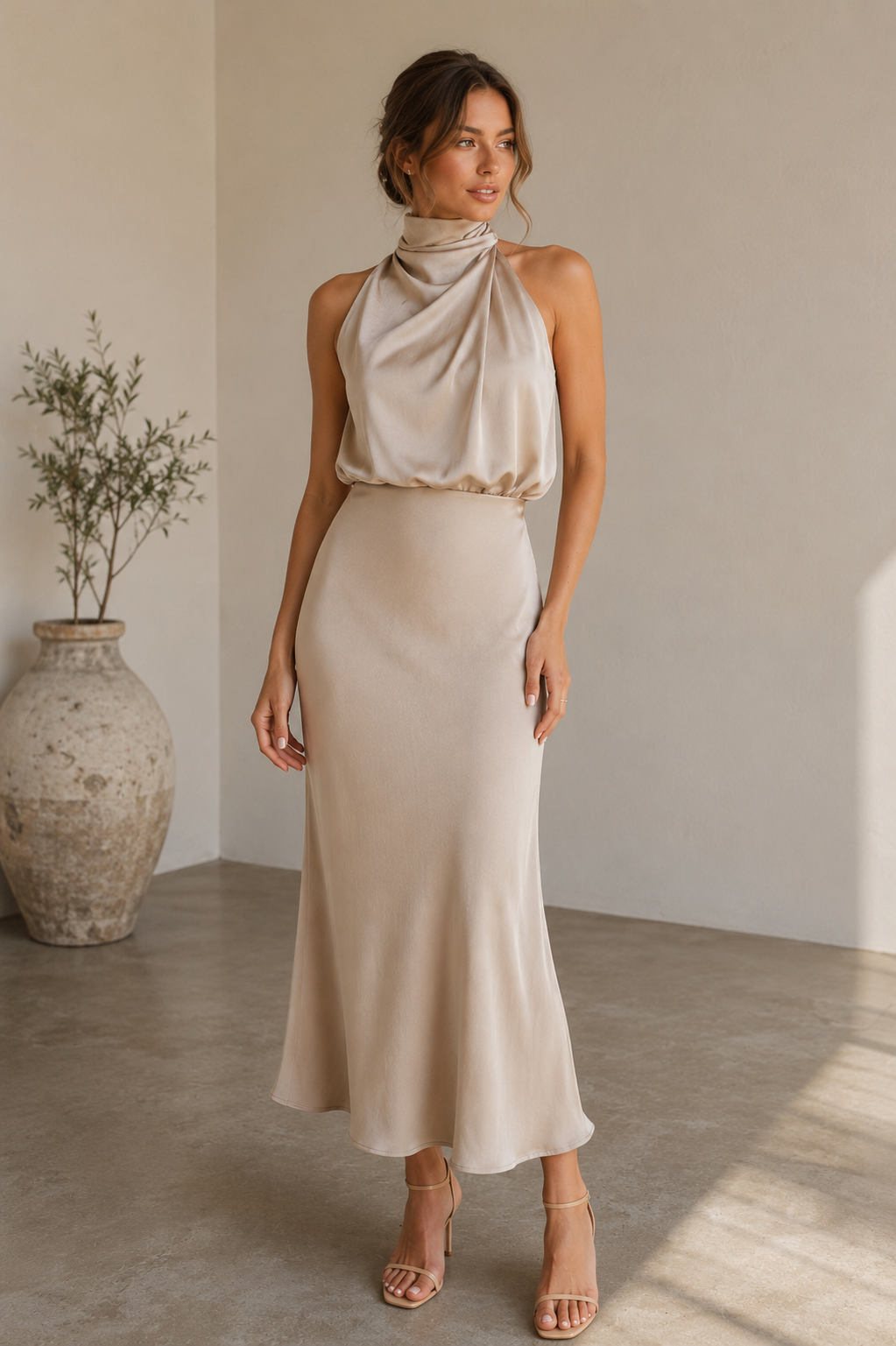 Satin Midi Dress Halterneck Women