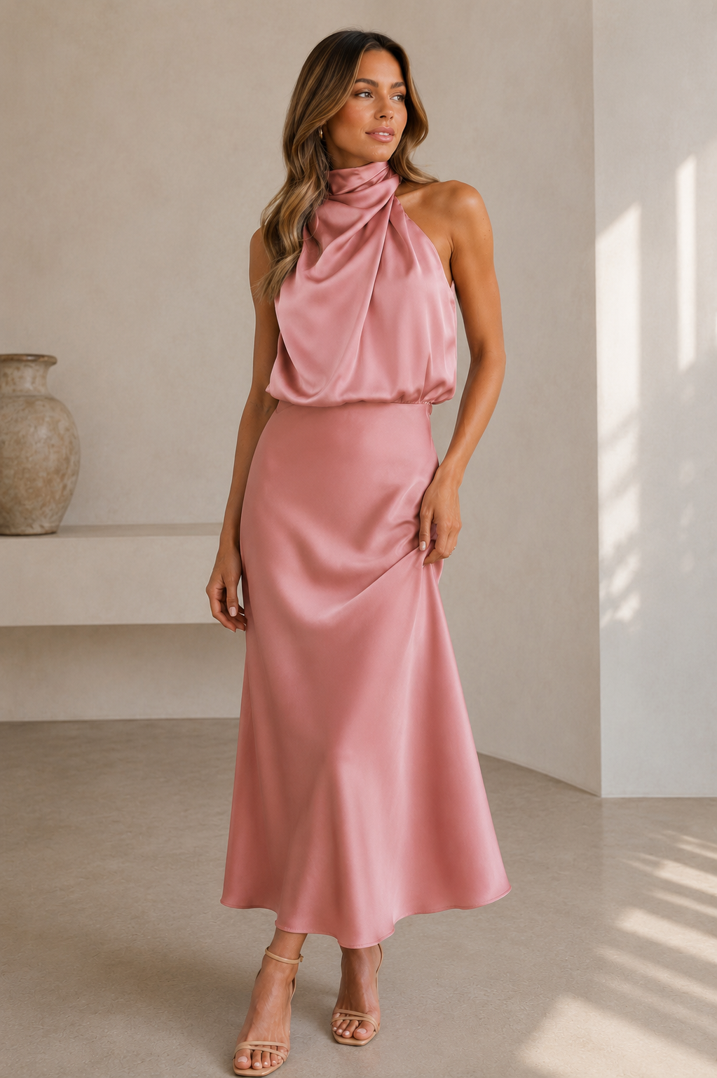 Women's satin halterneck midi dress with a smooth surface and balanced sleeveless silhouette