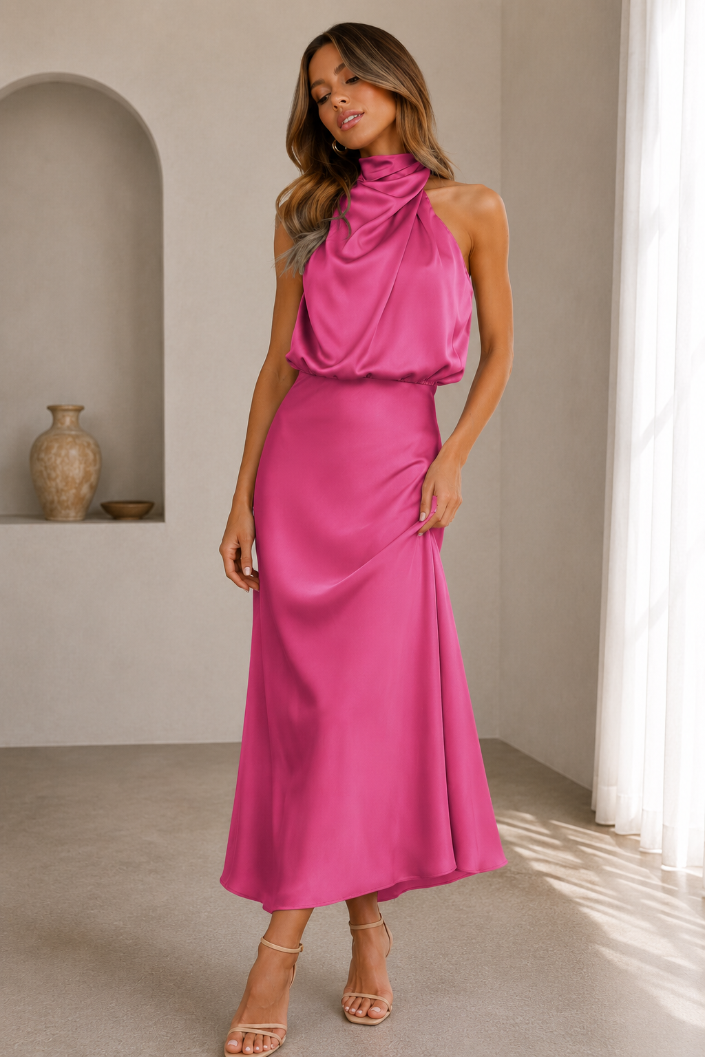 Women's halterneck midi dress in smooth satin with a sleeveless, evenly draped design