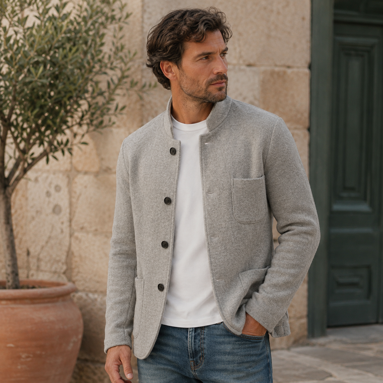 Men's knitted jacket with front button closure and stand-up collar