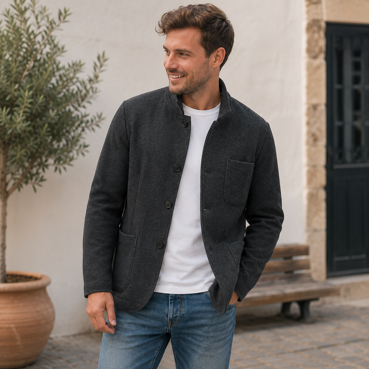 Men's button-up knitted jacket showing chest pocket detail