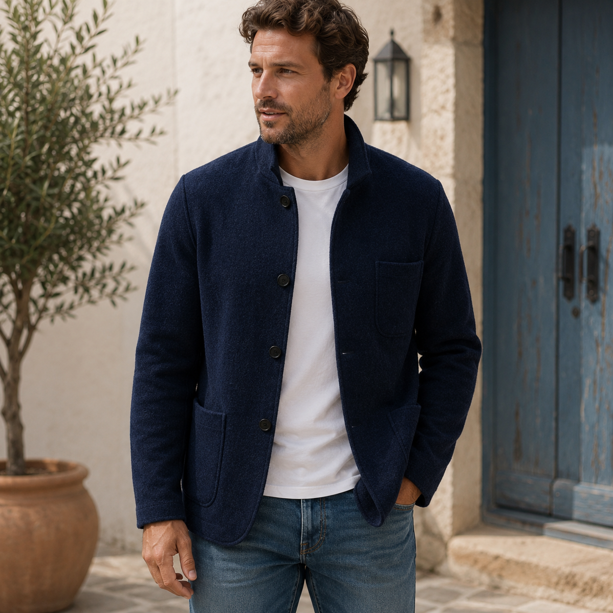 Men's relaxed-fit knitted jacket layered for autumn everyday wear