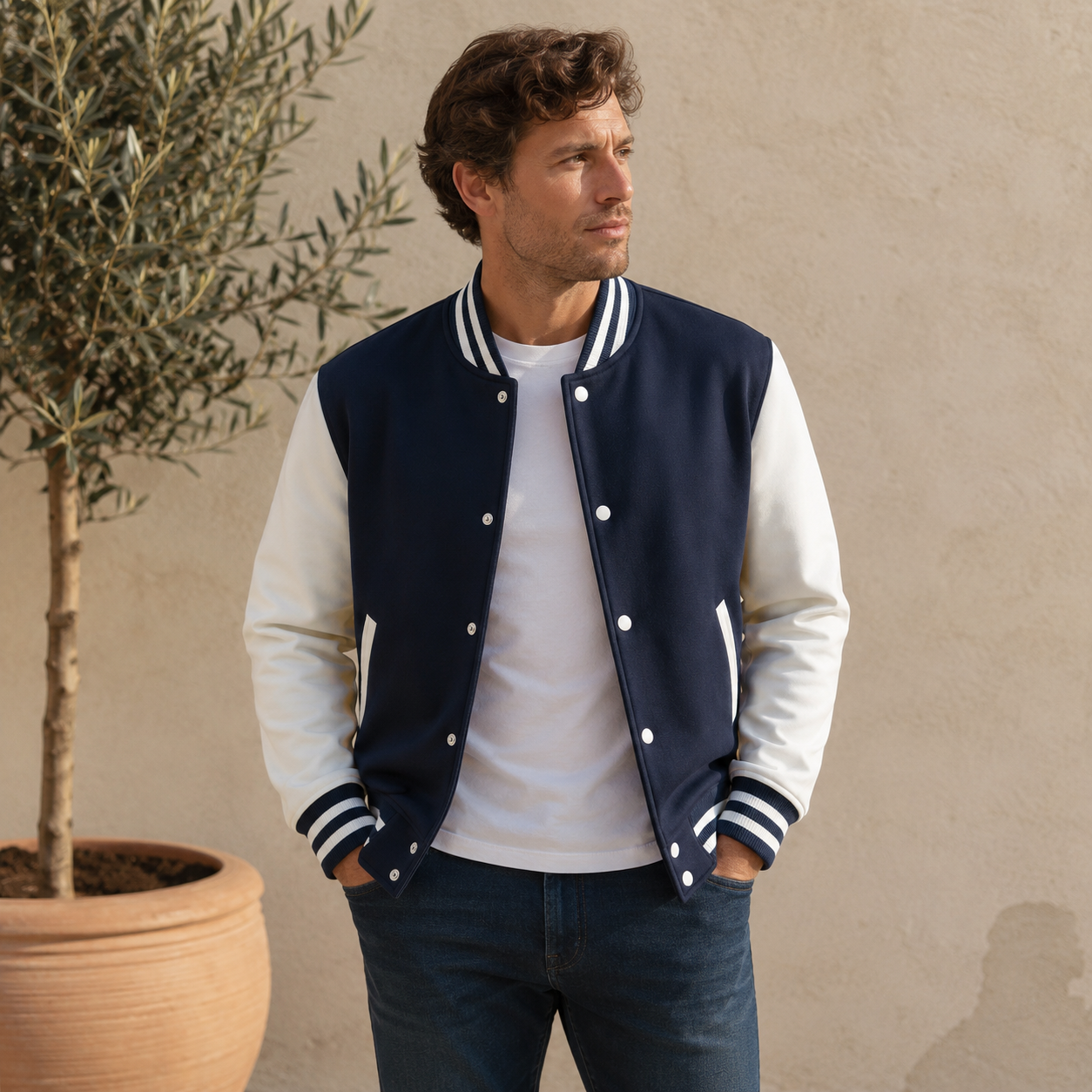 Men's snap button varsity jacket with ribbed hem and panel construction