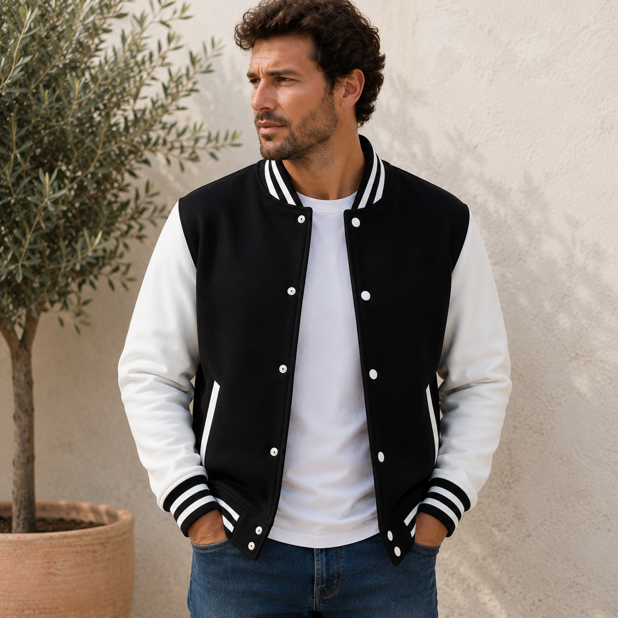 Men's varsity jacket featuring snap button closure and ribbed cuffs in navy blue