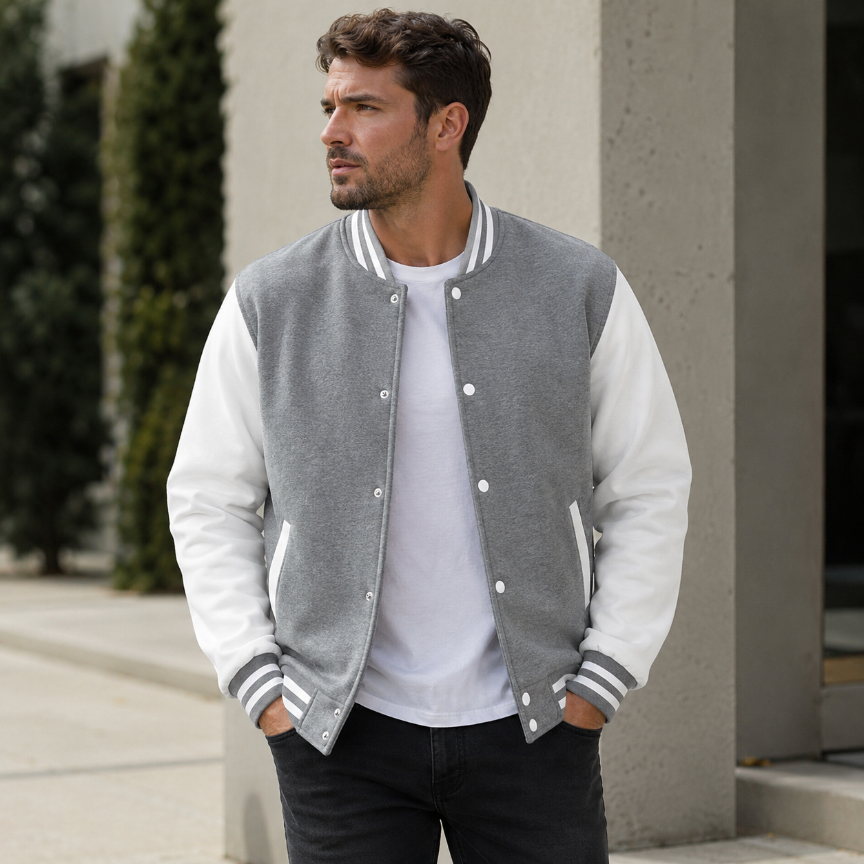 Men's varsity jacket with ribbed collar, stripe detail, and contrasting sleeve panels