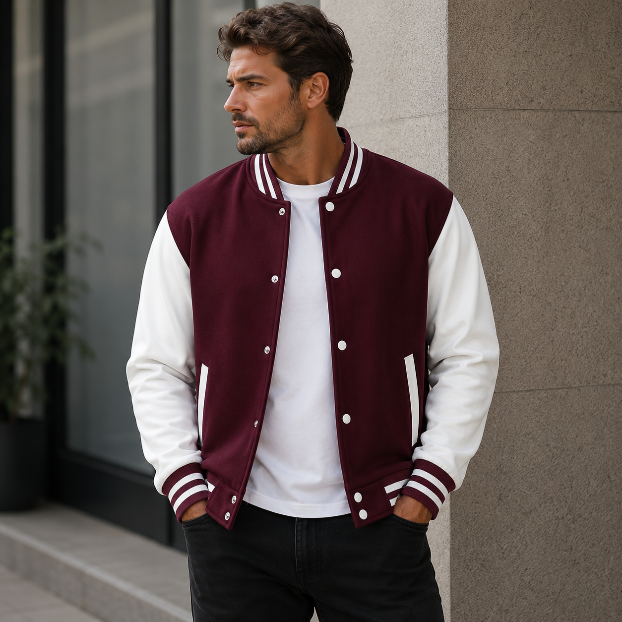 Men's varsity jacket with contrasting sleeves, snap button front, and ribbed hem