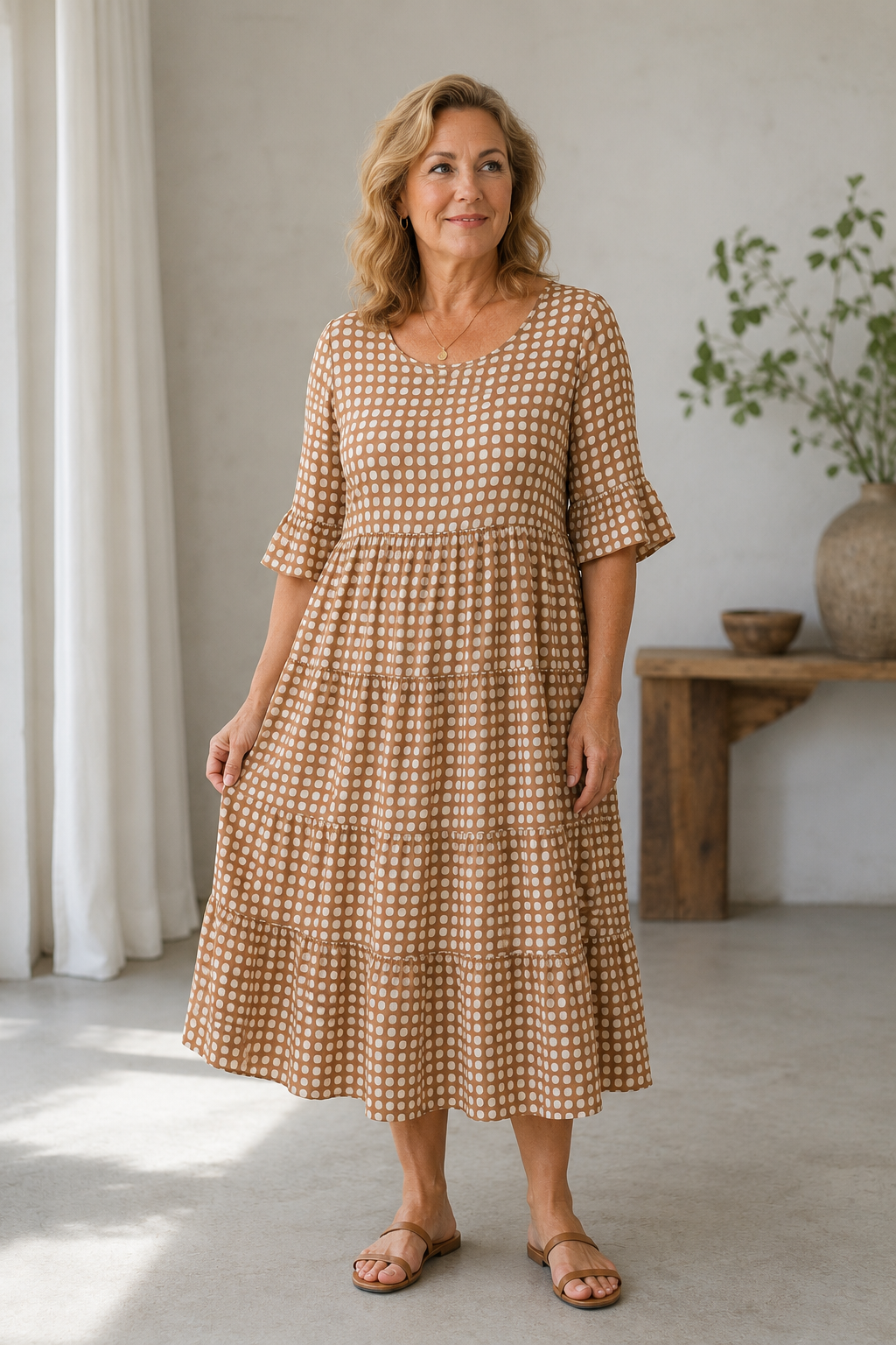Women's polka dot midi dress with elbow-length sleeves and multi-layered ruffle skirt
