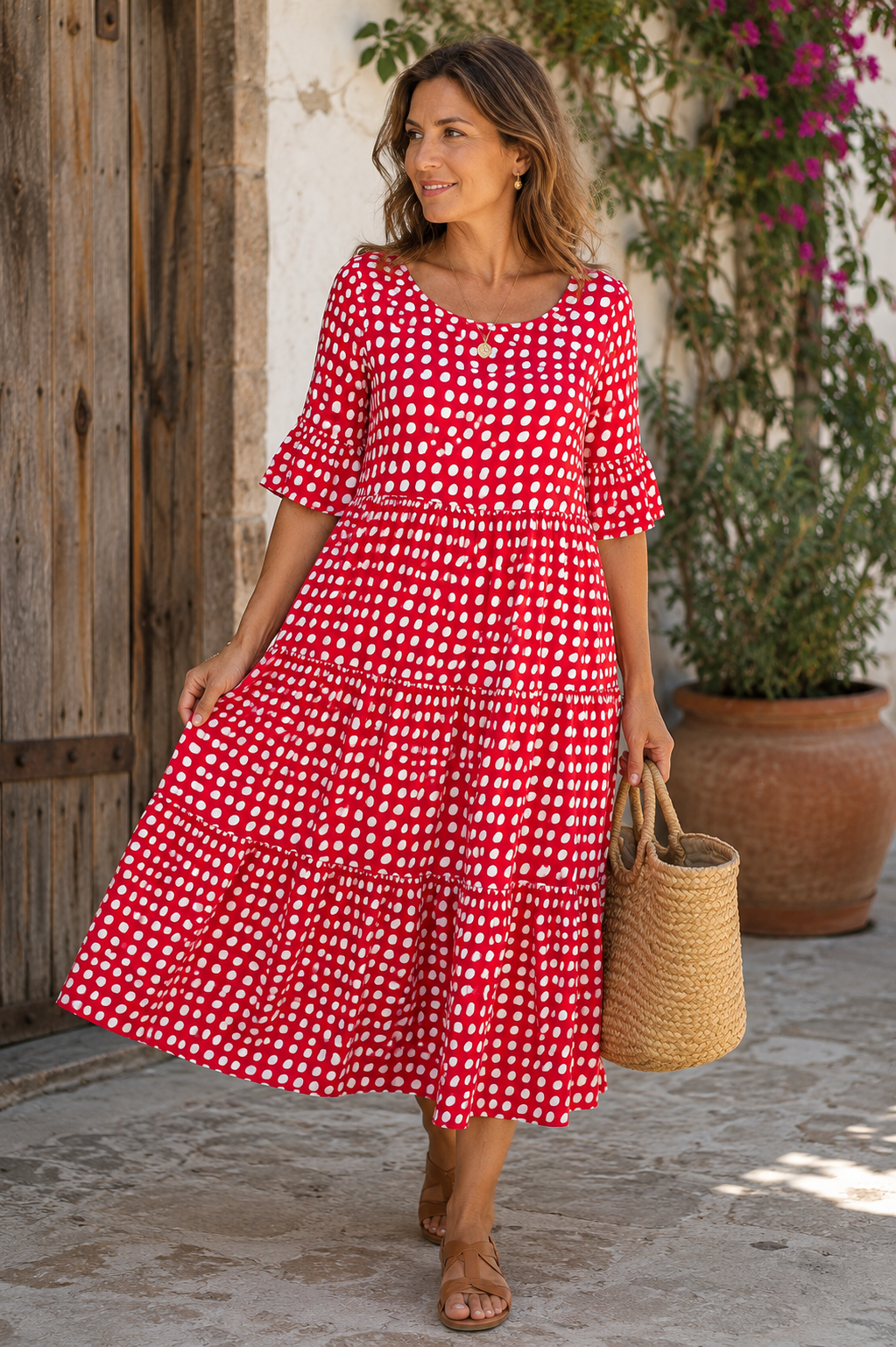 Polka dot dress with ruffled midi skirt and relaxed pull-over fit for women