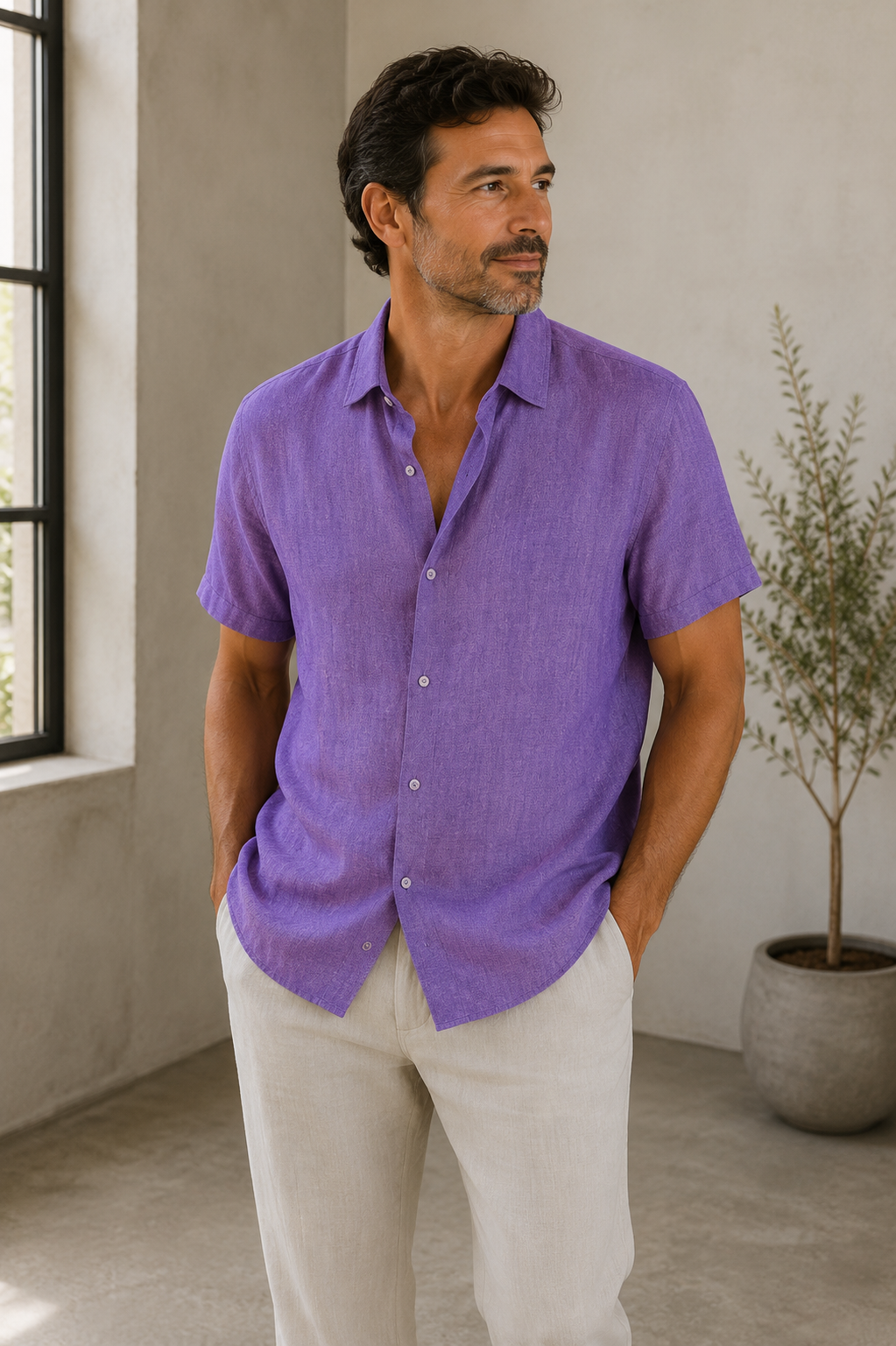 Short-sleeve men's button shirt with classic collar and regular fit