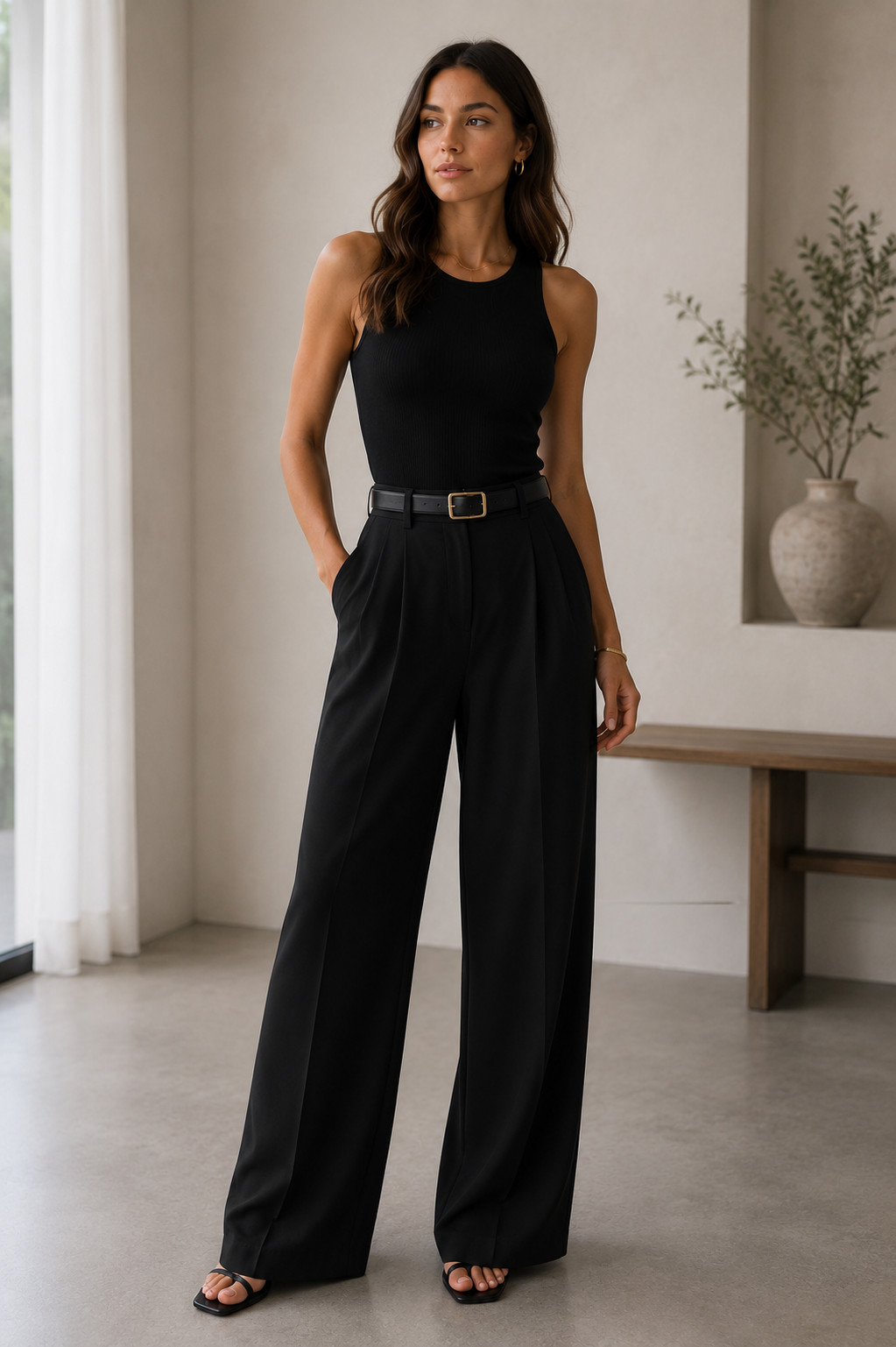 High-waisted wide-leg trousers for women, three-quarter front angle