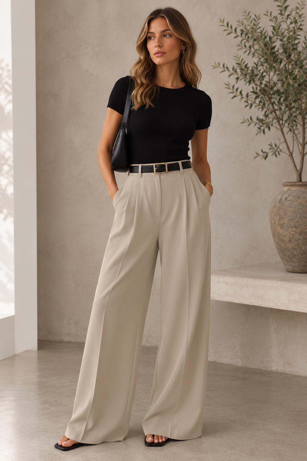 Women's wide-leg trousers showing structured waistband detail