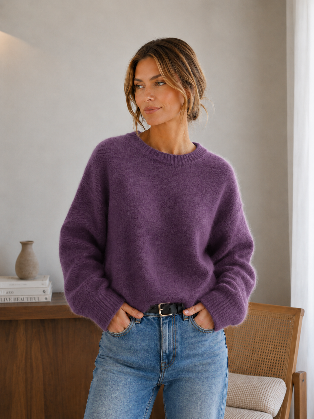 Women's fuzzy knitted sweater styled as a casual autumn outfit