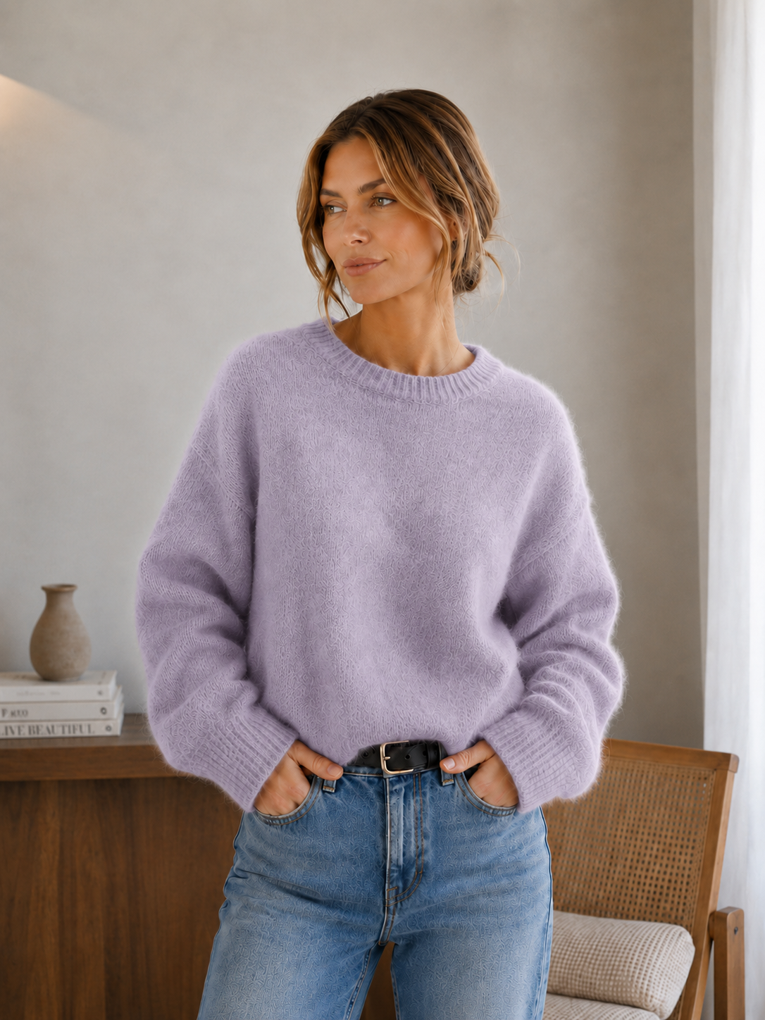 Women's knitted pullover sweater showing hip-length hem detail