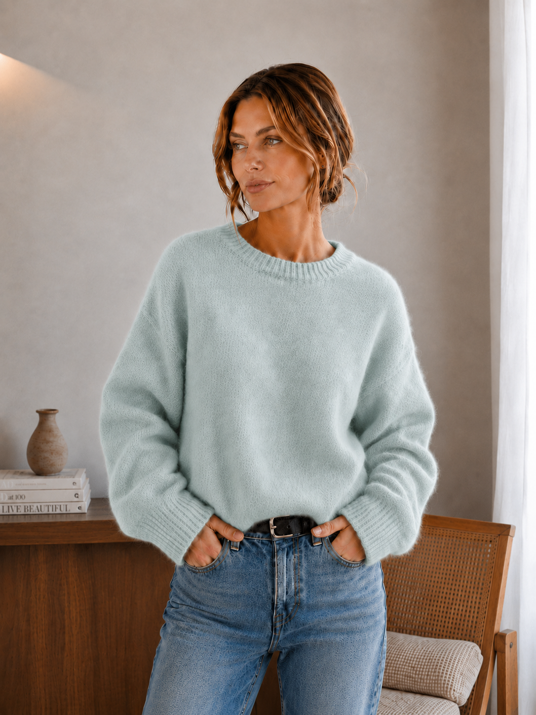 Women's fuzzy knitted sweater size range S to 2XL product overview
