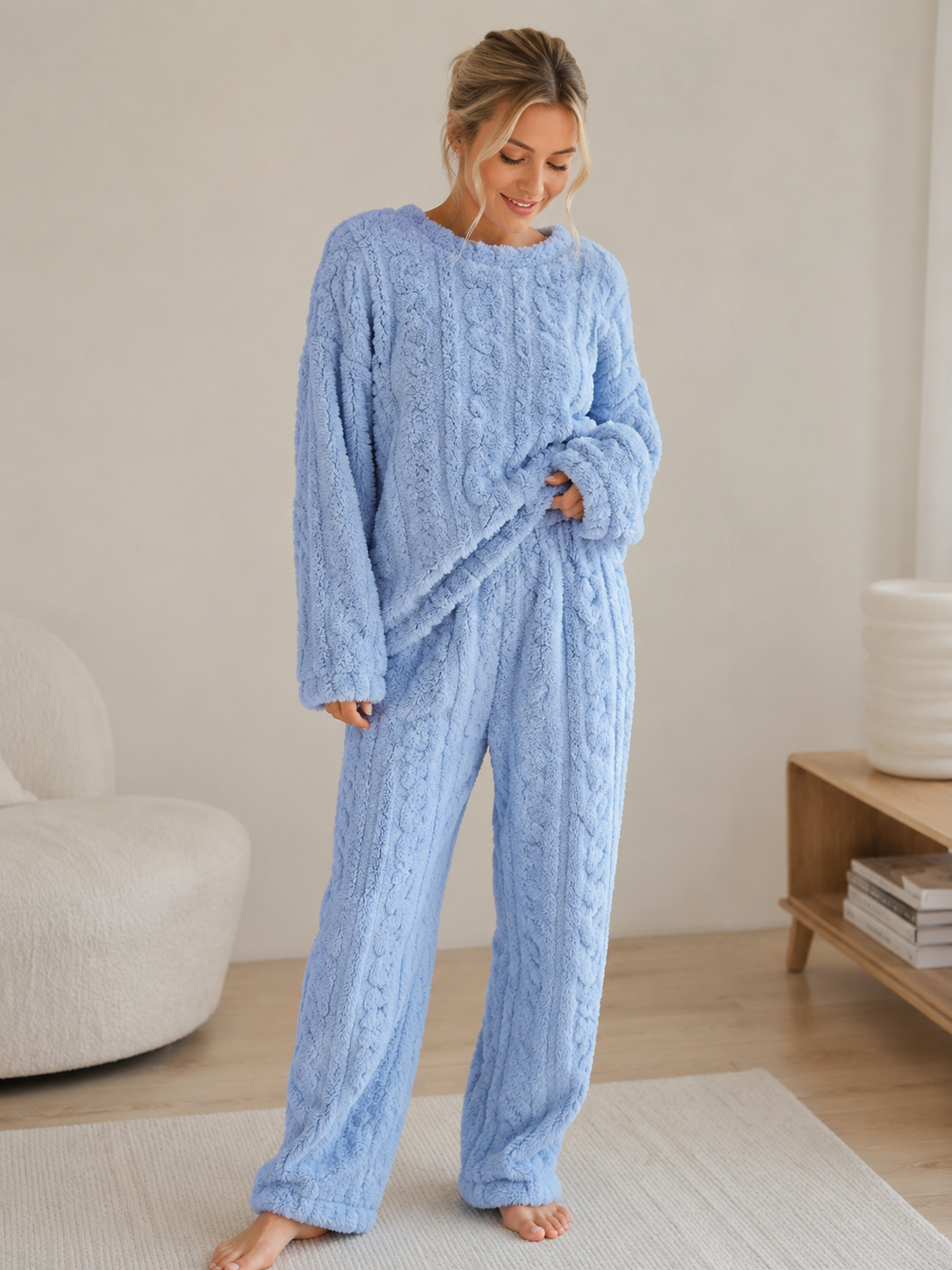 Women's soft lounge set with long-sleeved round-neck top and matching elastic-waist trousers