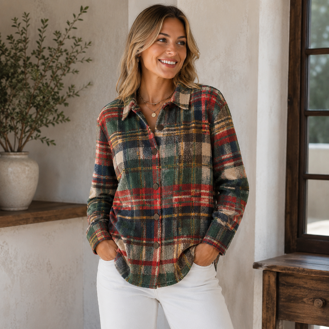 Women's wool-blend plaid cardigan with front button closure and relaxed fit