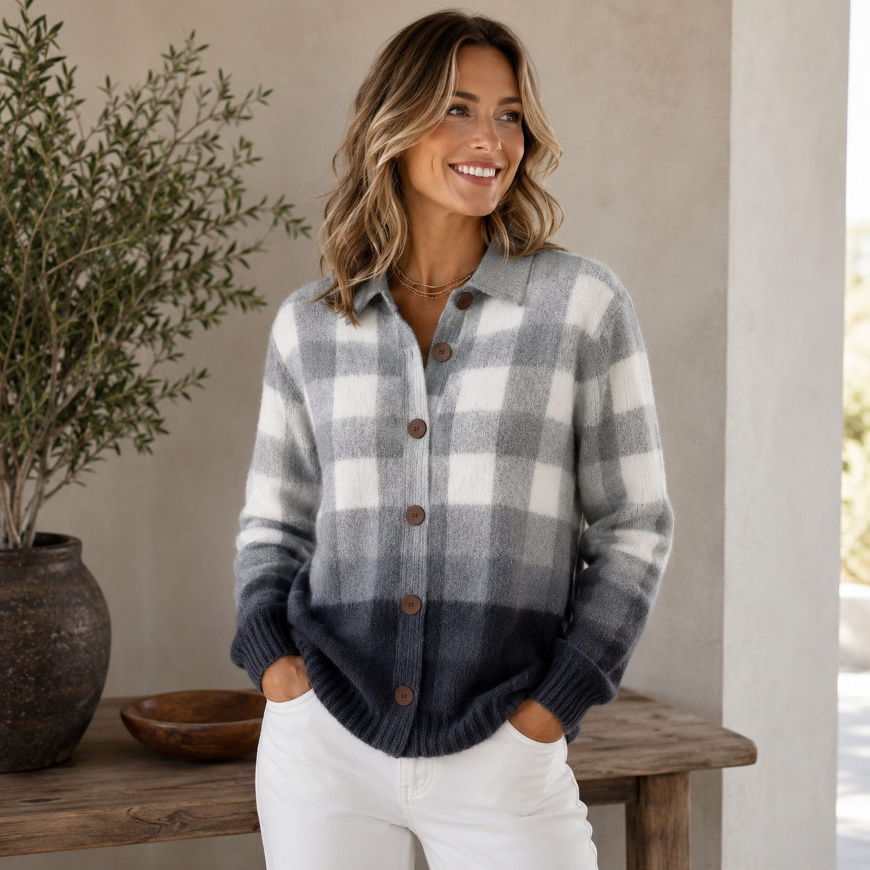 Wool-blend plaid knitted cardigan with button closure for women