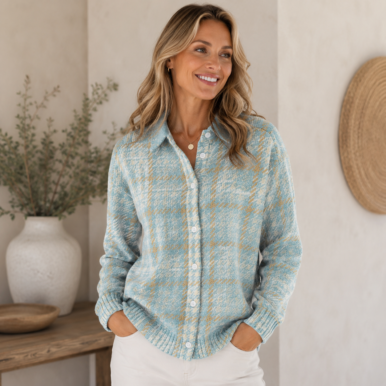 Wool-blend plaid cardigan with button closure and relaxed fit for women