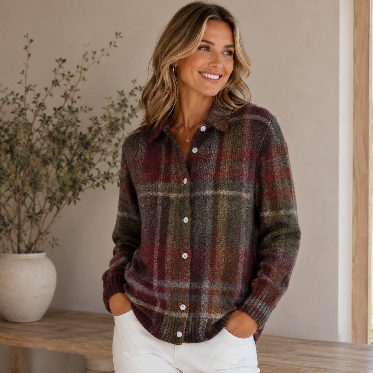 Women's wool-blend plaid knitted cardigan with button closure