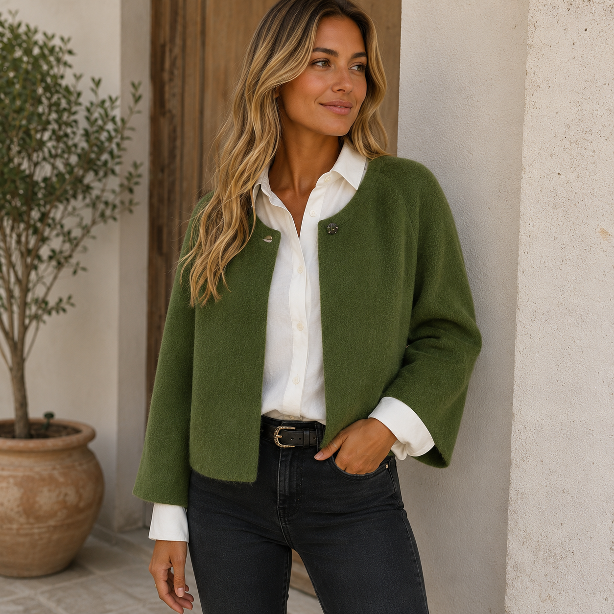 Women's casual fit wool-blend jacket with short length and button front