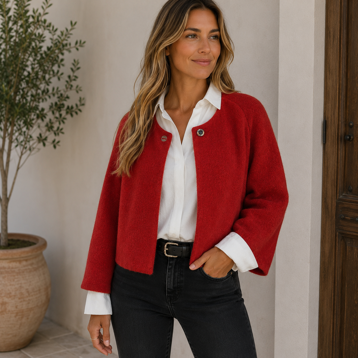 Women's short jacket in wool-blend fabric with collarless neckline and buttons