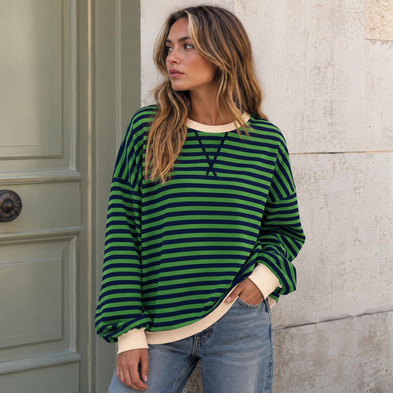 Oversized striped sweatshirt for women with contrast-trimmed cuffs and round neckline, relaxed everyday fit