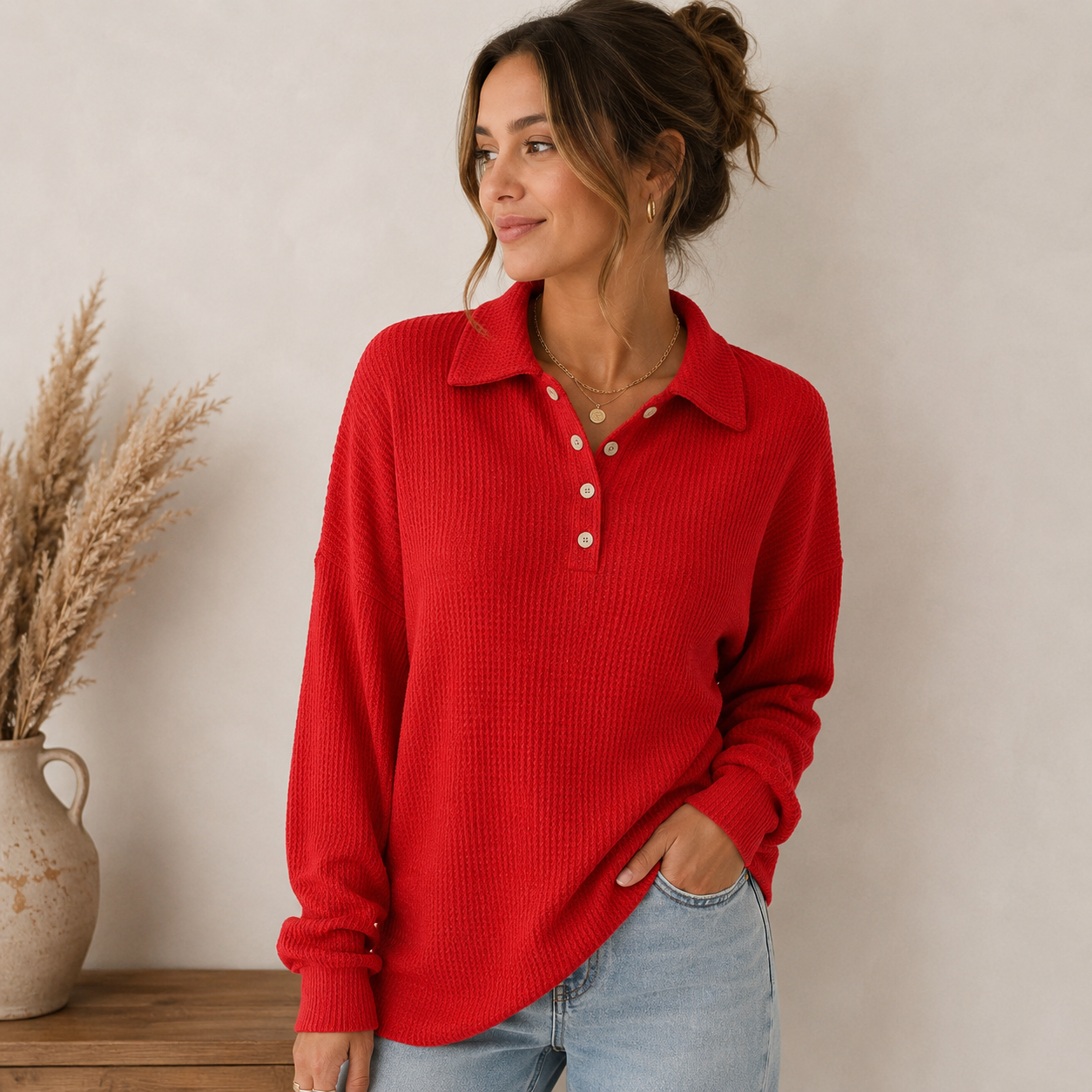 Women's waffle-knit sweater with classic collar and rounded hem