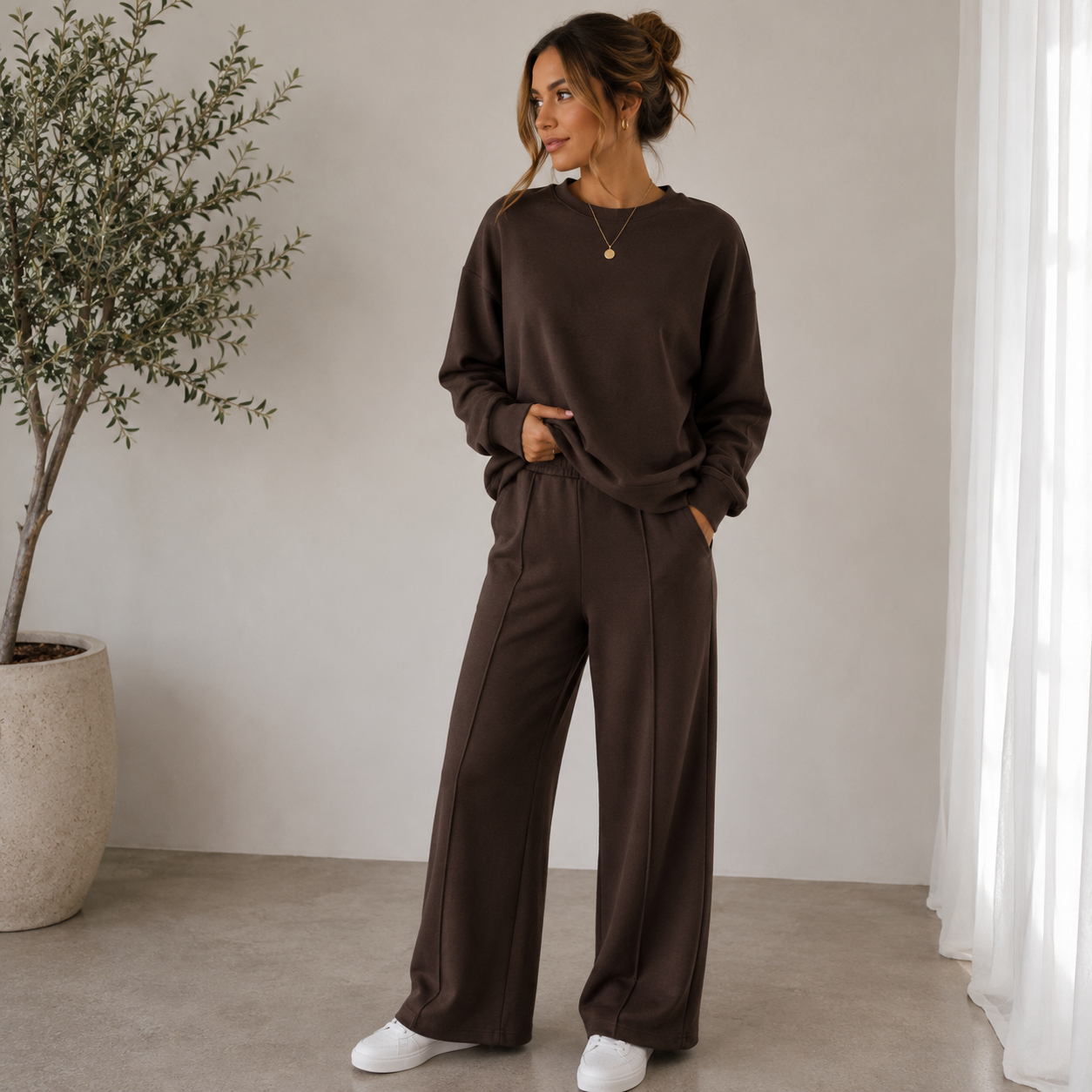 Women's casual long-sleeve sweater and wide-leg trousers matching set in polyester
