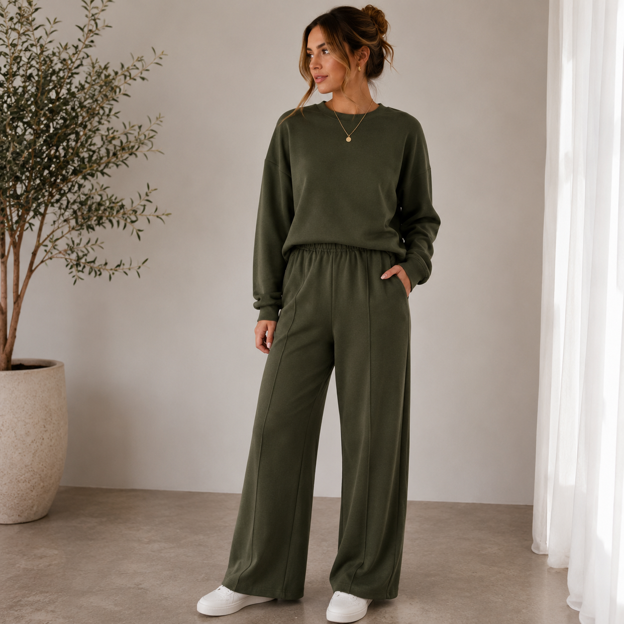 Women's long-sleeve round-neck sweater and wide-leg trousers two-piece set in polyester