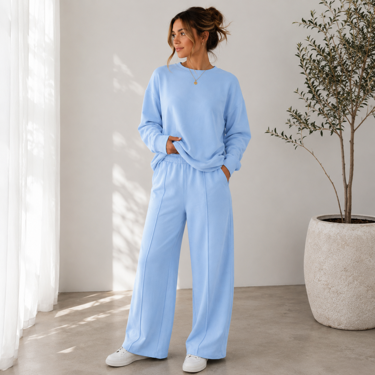 Women's everyday two-piece set with long-sleeve top and wide-leg trousers in polyester