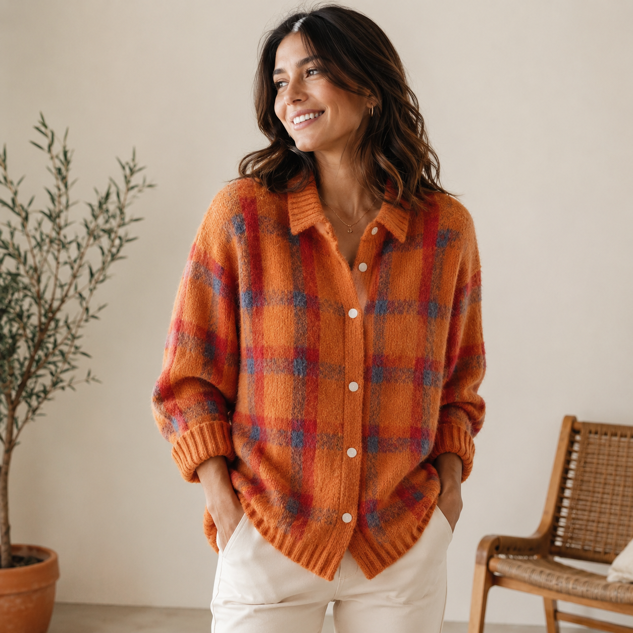 Women's knit cardigan with full button placket and straight fit